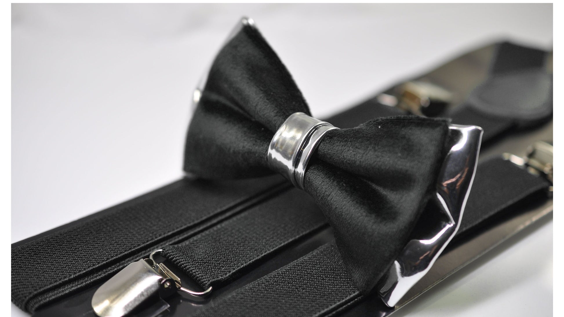 Black Velvet Silver Leather Bow tie + Elastic Suspenders Braces + Cufflinks Cuff Links Men / Youth/ Boys Kids / Baby Infant Toddler