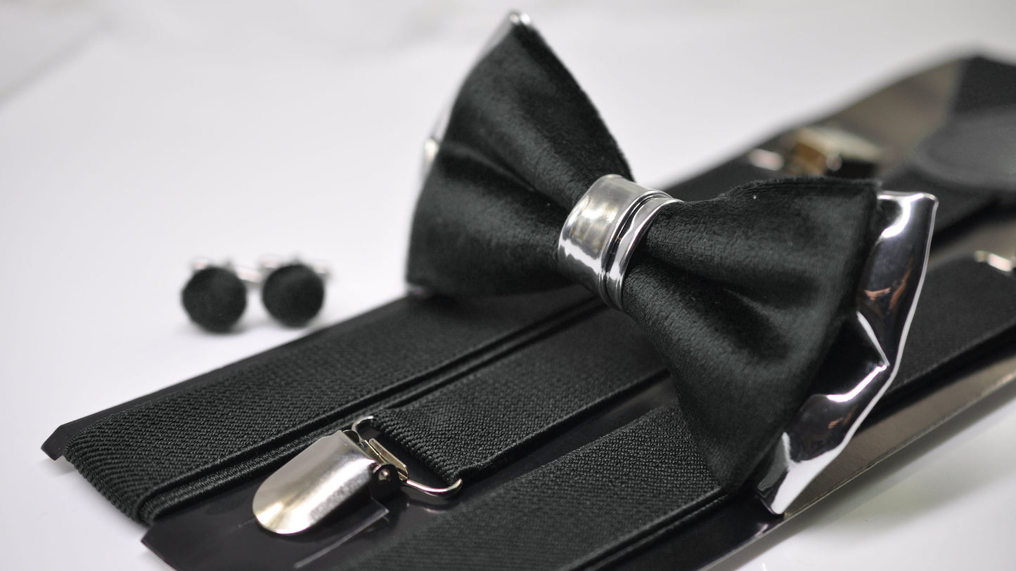 Black Velvet Silver Leather Bow tie + Elastic Suspenders Braces + Cufflinks Cuff Links Men / Youth/ Boys Kids / Baby Infant Toddler