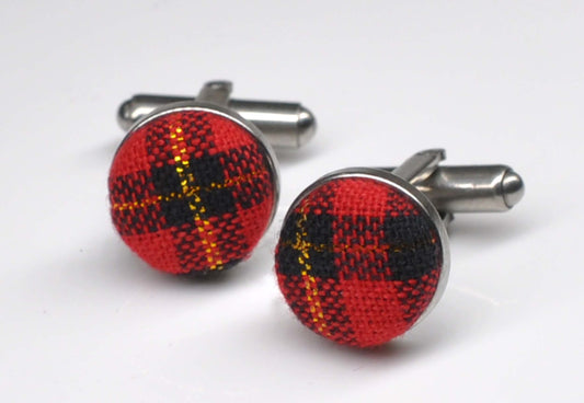 Red Green Gold Tartan Christmas Xmas Cotton Fabric Silver Cufflinks Cuff Links