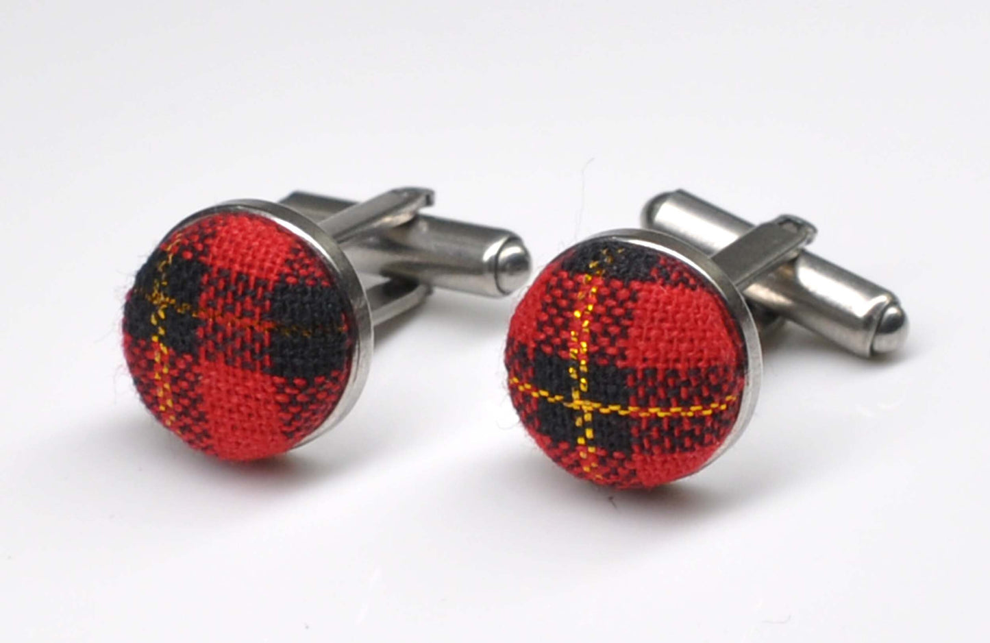 Red Green Gold Tartan Christmas Xmas Cotton Fabric Silver Cufflinks Cuff Links