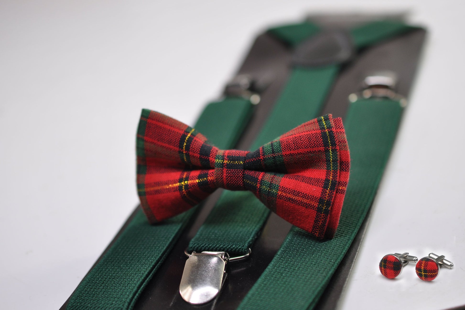 Red Green Gold Tartan Christmas Xmas Bow tie + Emerald Green Suspenders Cuff links Cufflinks for Men /Youth/ Boys / Baby Infant Toddler
