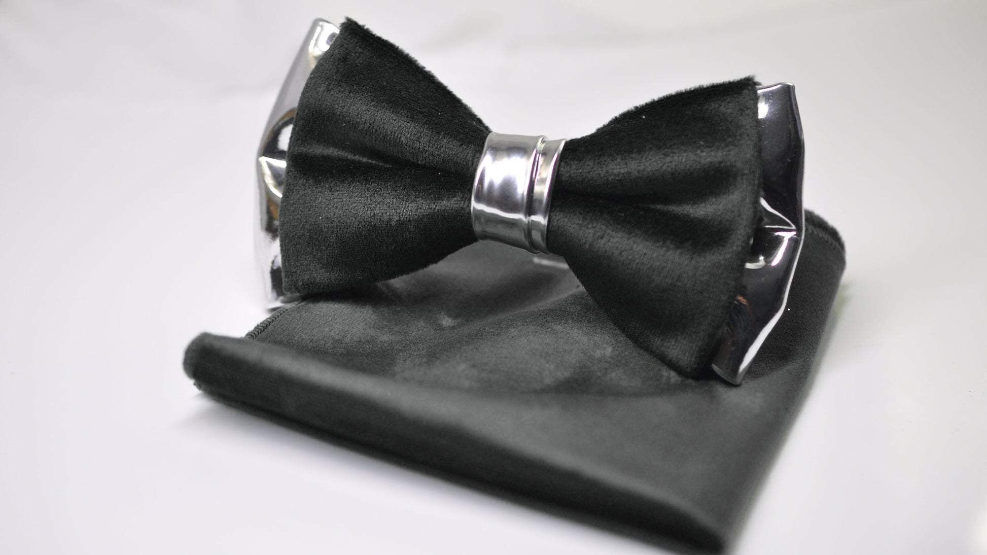 Black Velvet Silver Faux Leather Bow tie Bowtie + pocket Square Hanky Handkerchief Wedding Men / Youth / Boys Kids / Baby Infant Toddler