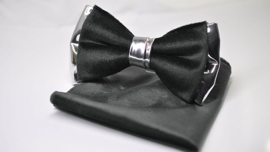 Black Velvet Silver Faux Leather Bow tie Bowtie + pocket Square Hanky Handkerchief Wedding Men / Youth / Boys Kids / Baby Infant Toddler