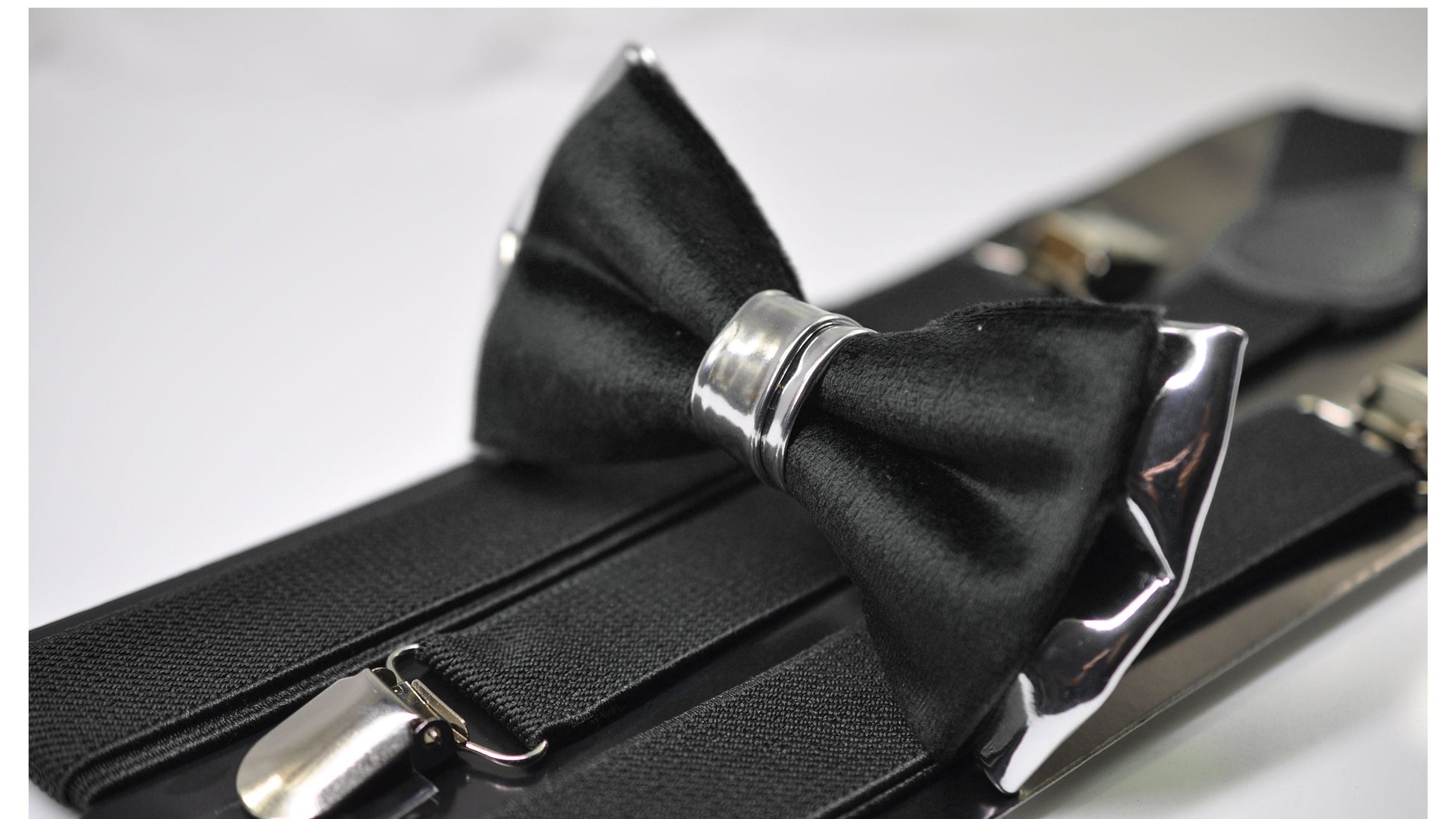 Black Velvet Silver Leather Bow tie + Suspenders Braces + Pocket Square Handkerchief for Men / Youth / Boys Kids / Baby Infant