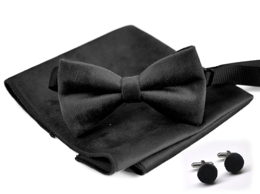 Black Velvet Bow tie Bowtie + Pocket Square Hanky Handkerchief + Cufflinks for Men /Youth/ Boy Kids / Infant Toddler Baby