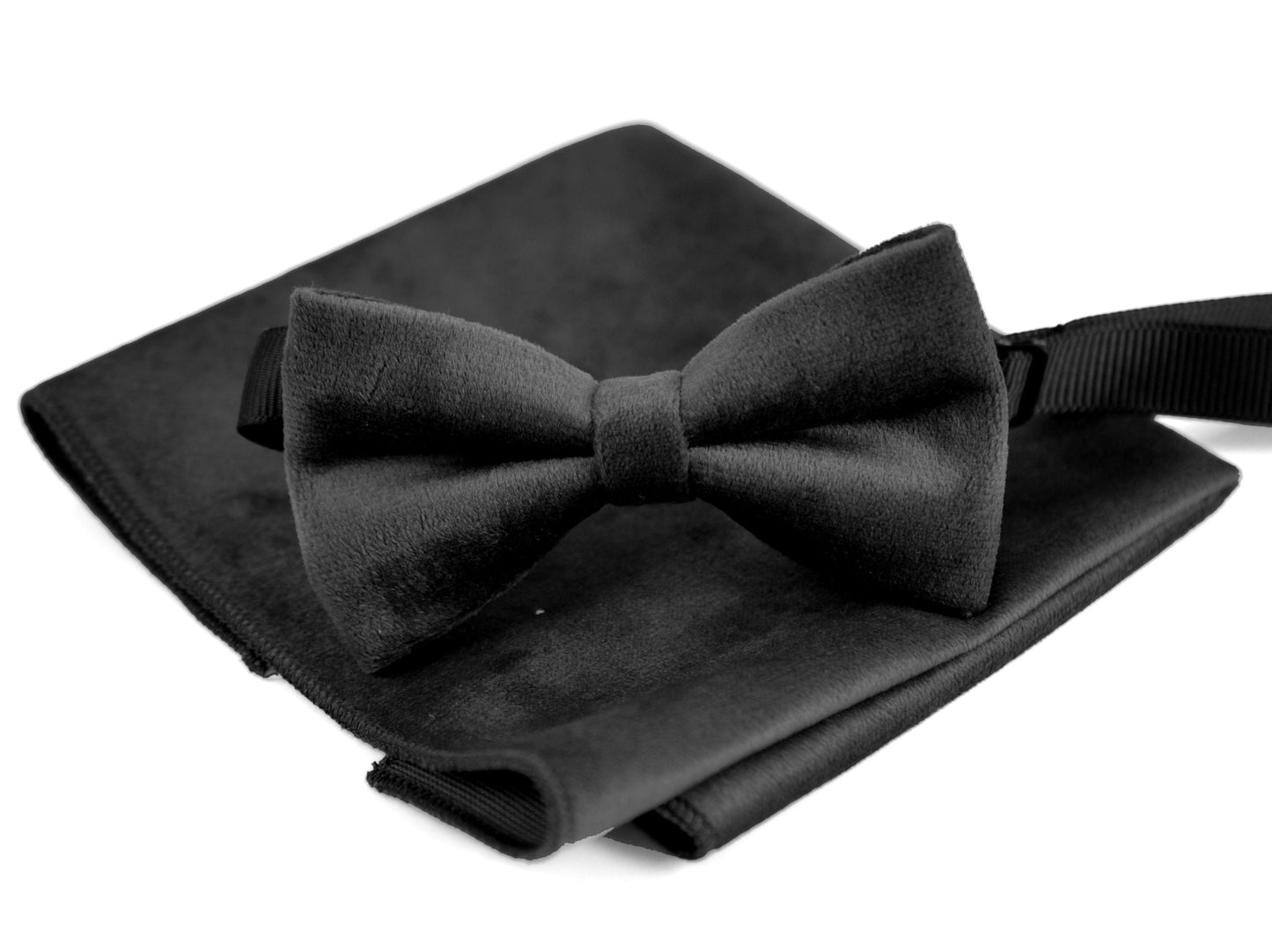 Black Velvet Bow tie Bowtie + Pocket Square Hanky Handkerchief + Cufflinks for Men /Youth/ Boy Kids / Infant Toddler Baby