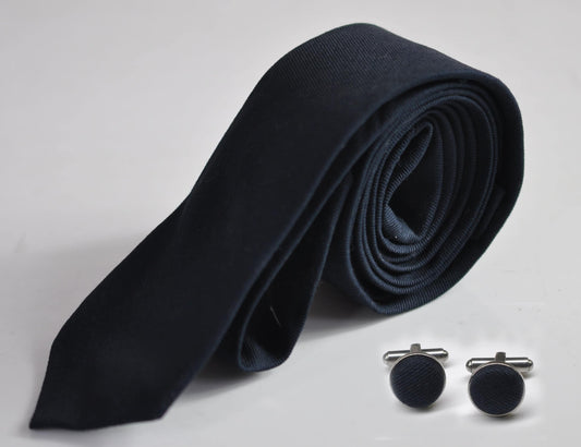 Men Women Unisex Navy Blue Dark blue Skinny 100% Cotton Necktie Neck Tie + Cufflinks Cuff links for Wedding Party Prom