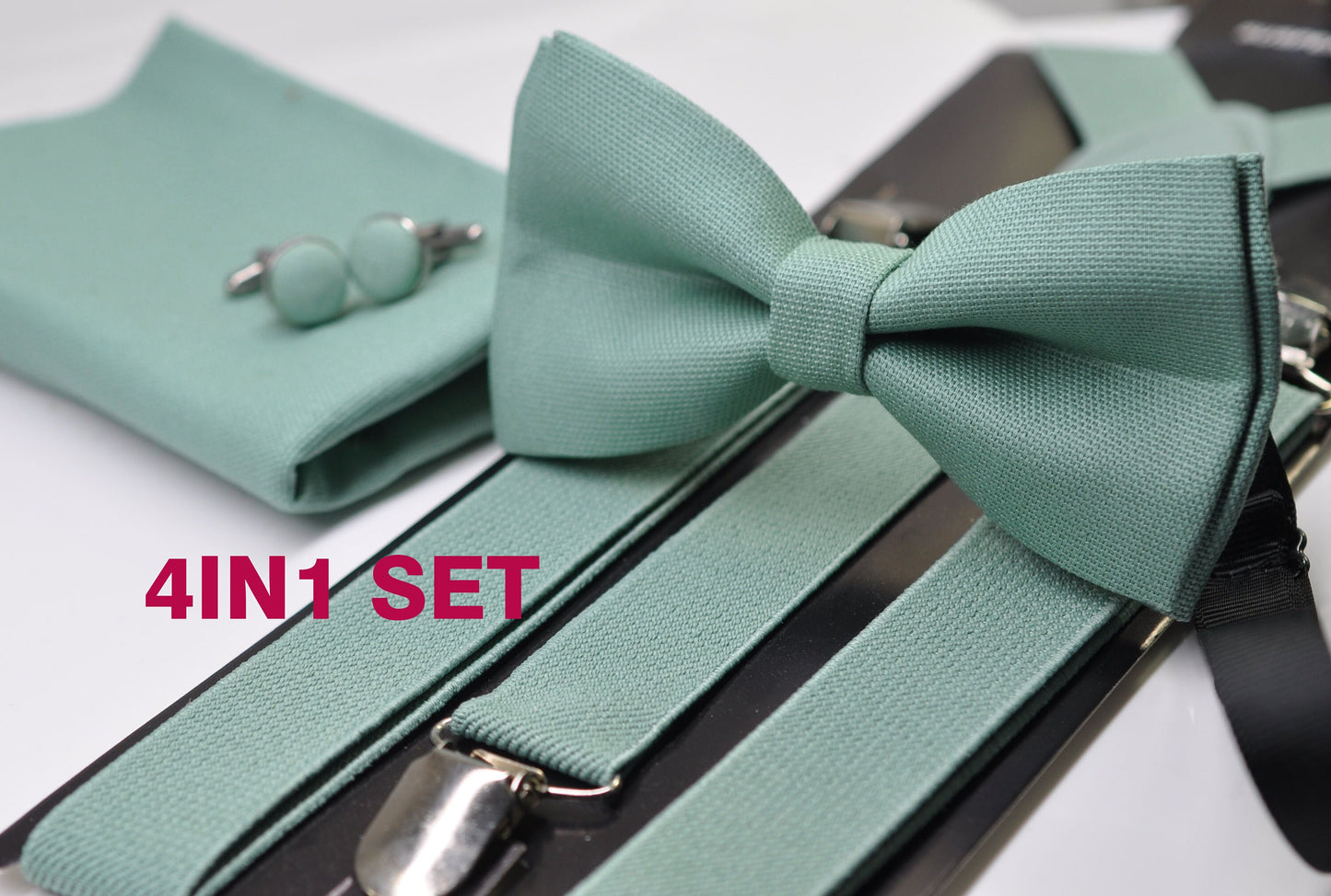 Sage Green Bow tie Bowtie + Elastic Suspenders Braces + Cufflinks Cuff link for Men / Youth Teenage/ Boys Kids / Baby Infant Toddler