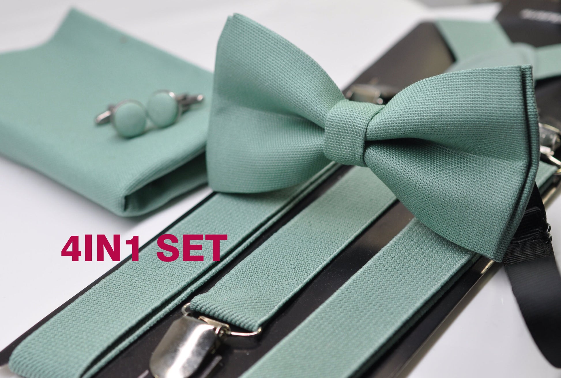 Sage Green Bow tie Bowtie + Elastic Suspenders Braces + Cufflinks Cuff link for Men / Youth Teenage/ Boys Kids / Baby Infant Toddler