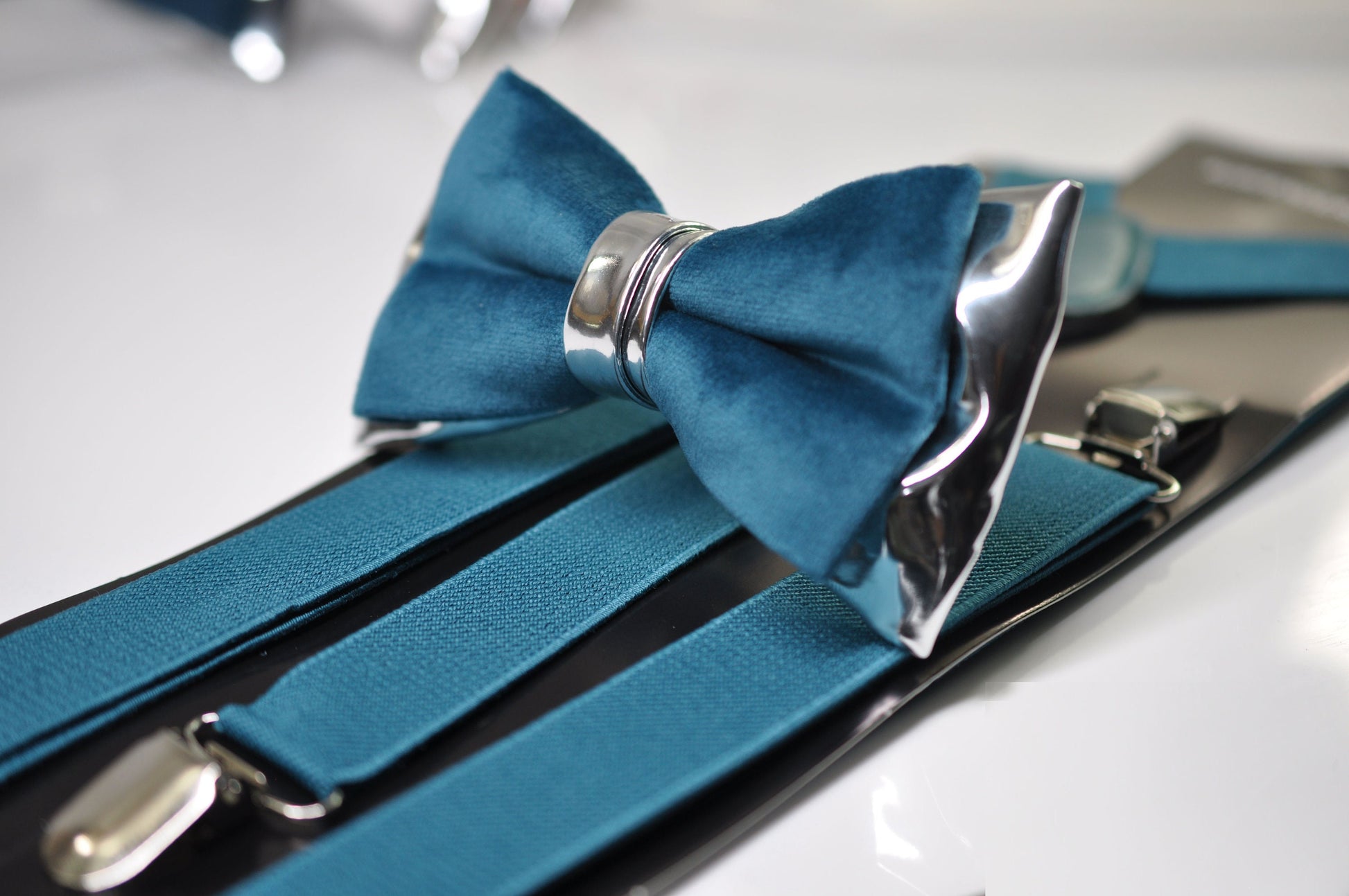 Teal blue Velvet Silver Faux Leather Bow tie + Teal blue Elastic Suspenders Braces Men / Youth / Boys Kids / Baby Infant Toddler