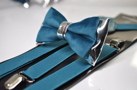 Teal blue Velvet Silver Faux Leather Bow tie + Teal blue Elastic Suspenders Braces Men / Youth / Boys Kids / Baby Infant Toddler