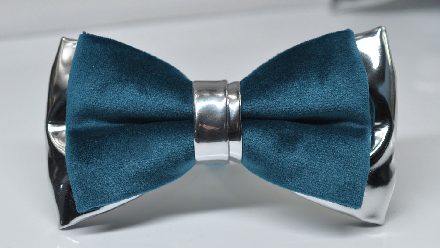 Teal blue Velvet Silver Faux Leather Bow tie + Teal blue Elastic Suspenders Braces Men / Youth / Boys Kids / Baby Infant Toddler
