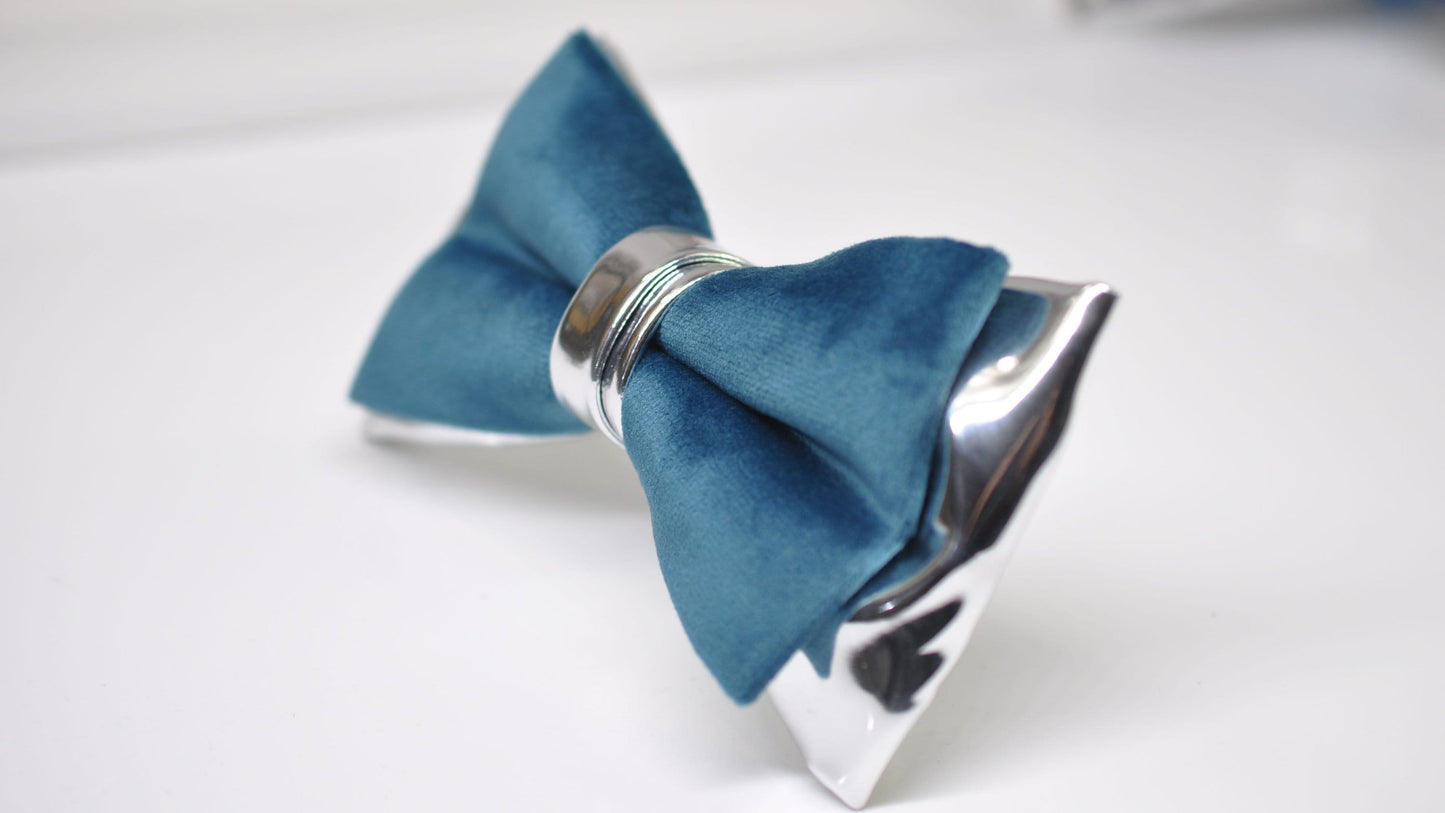 Teal blue Velvet Silver Faux Leather Bow tie + Teal blue Elastic Suspenders Braces Men / Youth / Boys Kids / Baby Infant Toddler