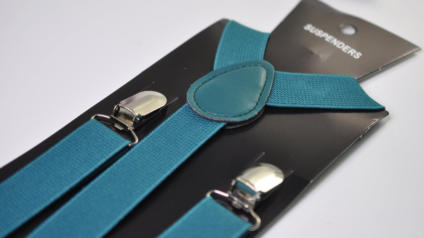 Teal blue Velvet Silver Faux Leather Bow tie + Teal blue Elastic Suspenders Braces Men / Youth / Boys Kids / Baby Infant Toddler