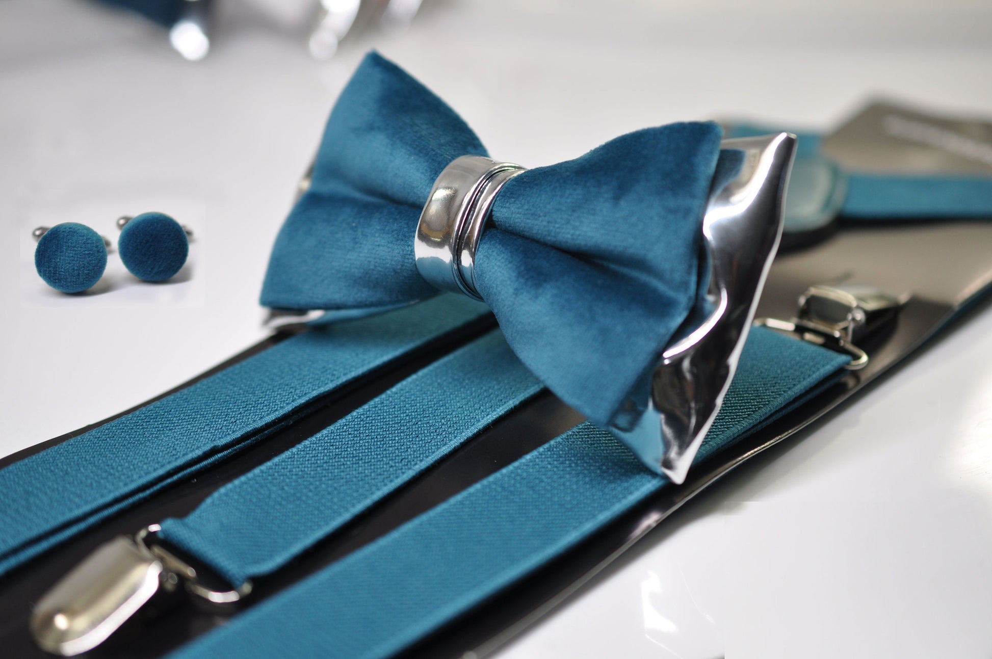 Teal blue Velvet Silver Faux Leather Bow tie + Teal blue Elastic Suspenders Braces Men / Youth / Boys Kids / Baby Infant Toddler