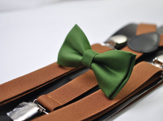 Cactus Green Bright Olive Green Bow tie Bowtie + Tan Elastic Suspenders Braces for Men / Youth Teenage/ Boys Kids / Baby Infant Toddler