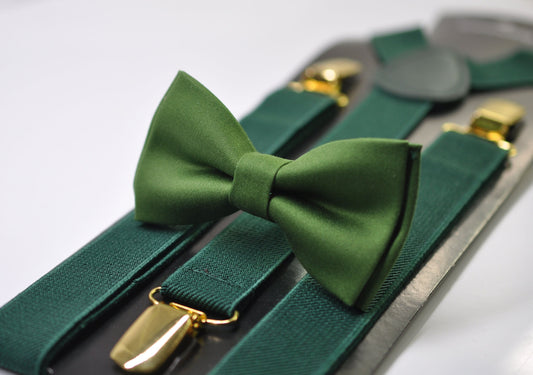 Cactus Green Olive Green Bow tie Bowtie + Emerald Green Elastic Suspenders Braces for Men / Youth Teenage/ Boys Kids / Baby Infant Toddler