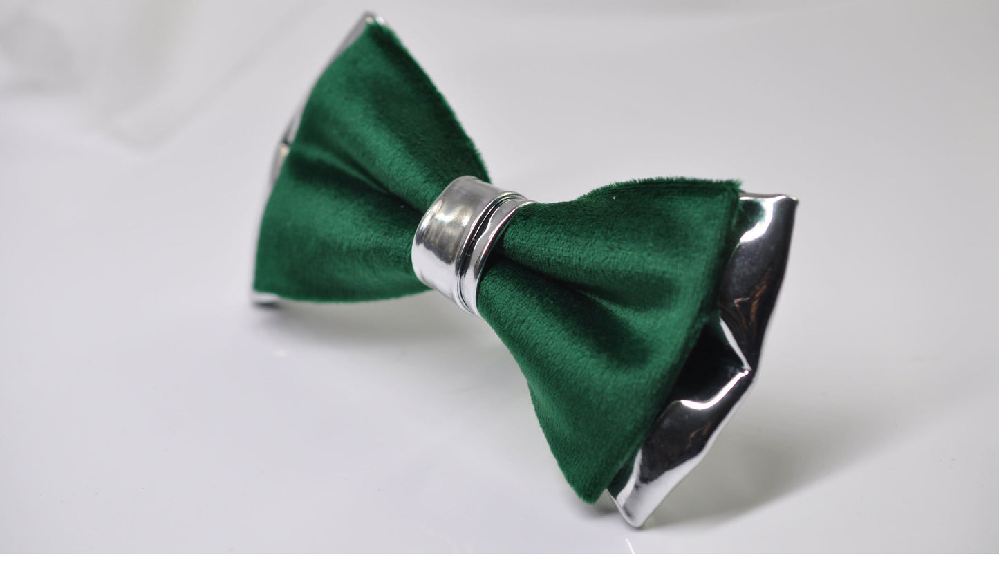 Emerald Green Hunter Green Velvet Silver Leather Bow tie + Green Elastic Suspenders Braces Men / Youth / Boys Kids / Baby Infant Toddler