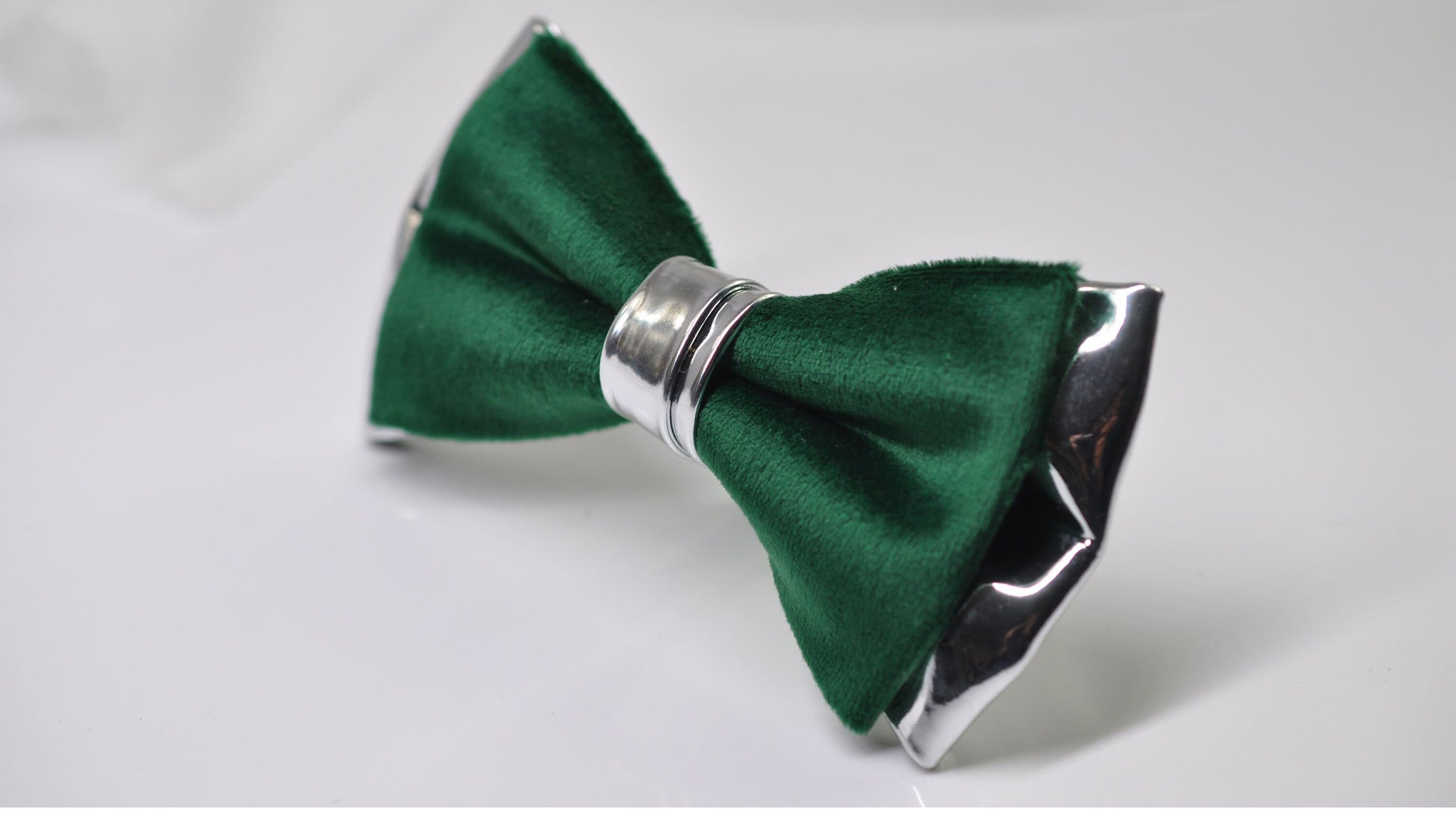 Emerald Green Hunter Green Velvet Silver Leather Bow tie + Green Elastic Suspenders Braces Men / Youth / Boys Kids / Baby Infant Toddler