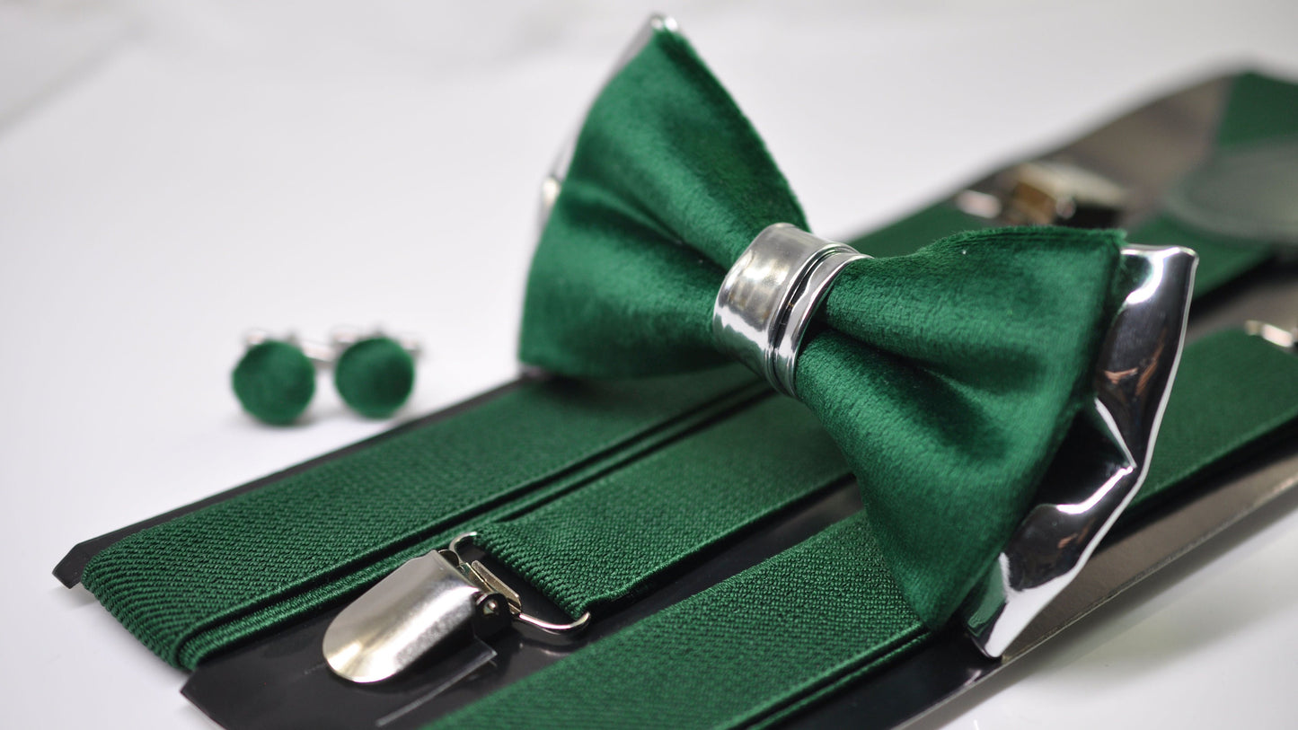 Emerald Green Velvet Silver Leather Bow tie + Elastic Suspenders Braces + Cufflinks Cuff Links Men / Youth/ Boys Kids / Baby Infant Toddler