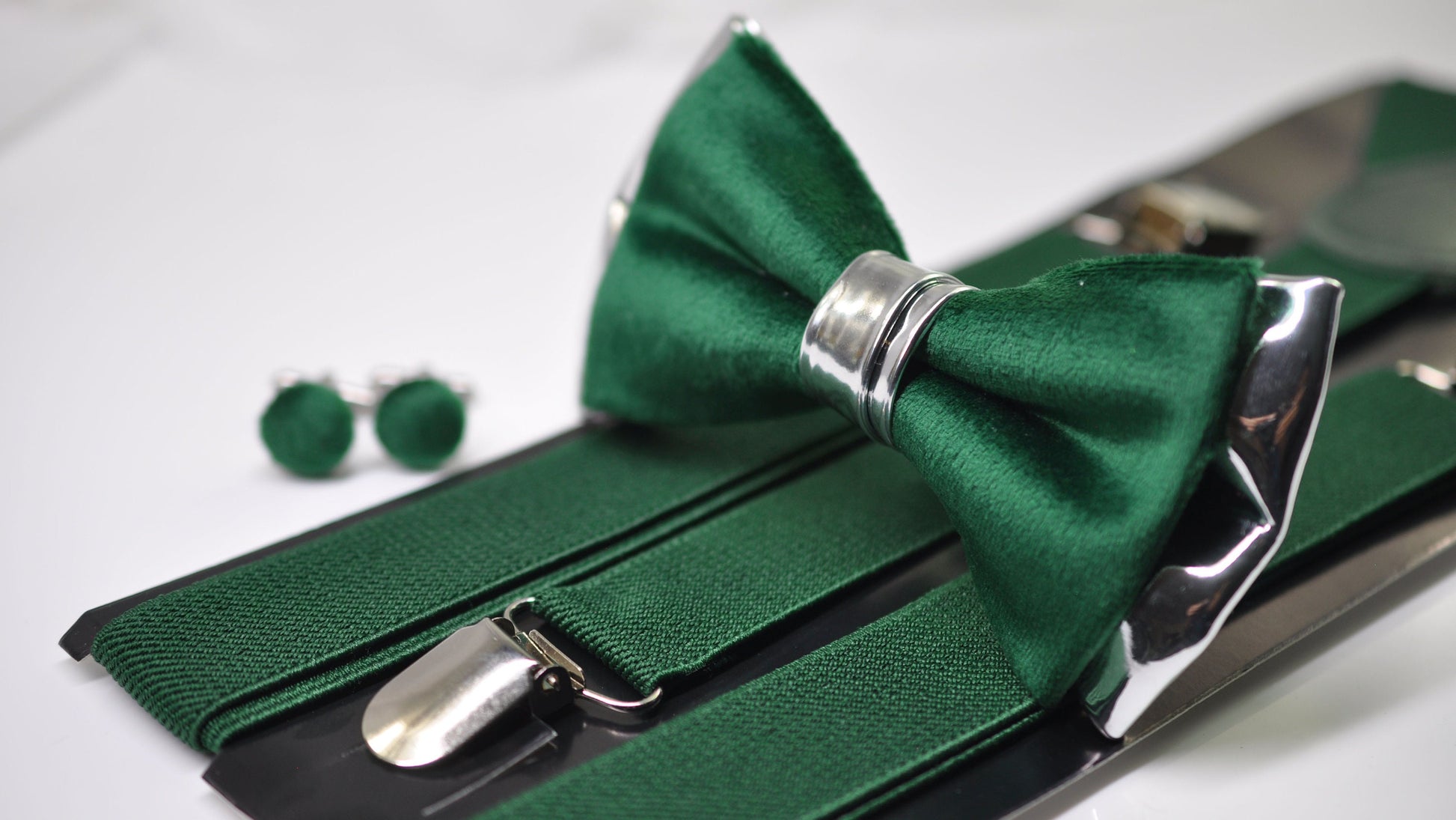 Emerald Green Velvet Silver Leather Bow tie + Elastic Suspenders Braces + Cufflinks Cuff Links Men / Youth/ Boys Kids / Baby Infant Toddler