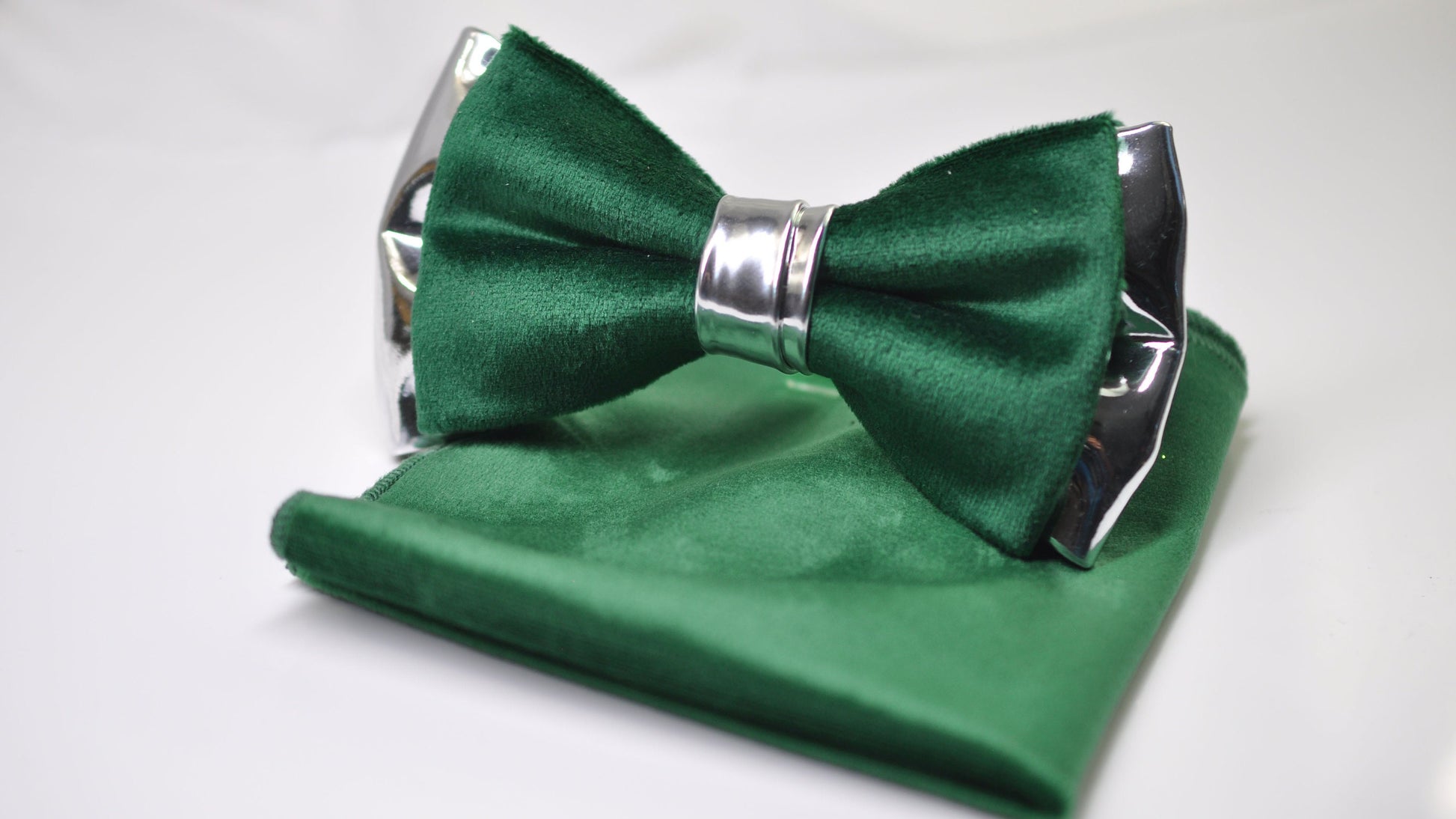 Emerald Green Velvet Silver Leather Bow tie + pocket Square Hanky Handkerchief + Cufflinks Men / Youth / Boys Kids / Baby Infant Toddler