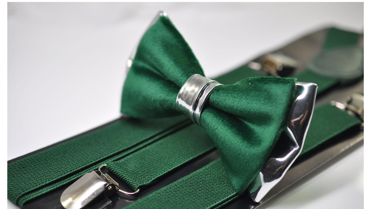 Emerald Green Velvet Silver Leather Bow tie + Suspenders Braces + Pocket Square Hanky Handkerchief for Men / Youth/ Boys Kids / Baby Infant