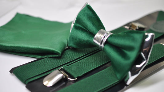 Emerald Green Velvet Silver Leather Bow tie + Suspenders Braces + Pocket Square Hanky Handkerchief for Men / Youth/ Boys Kids / Baby Infant