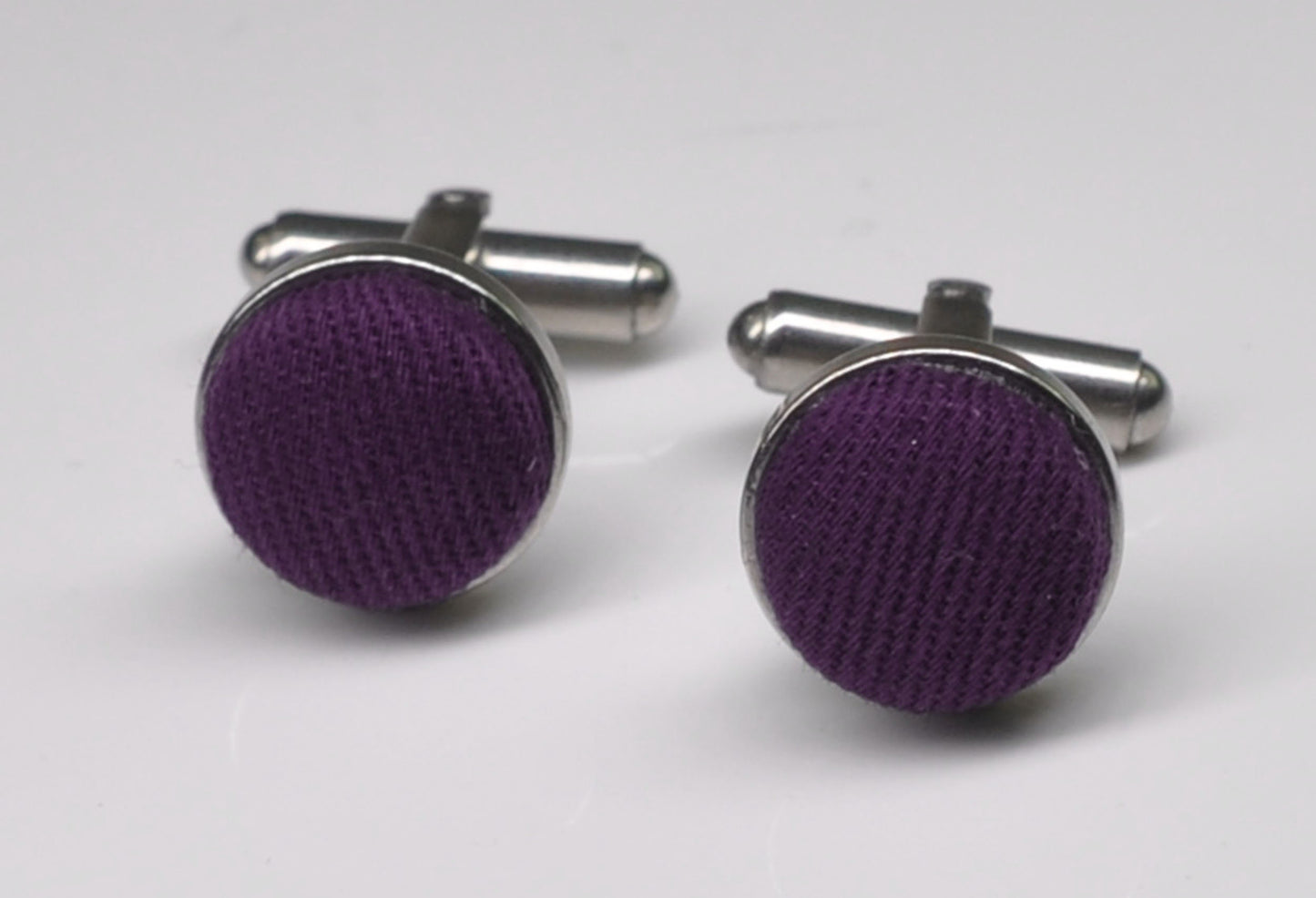 Eggplant Purple Dark Violet Purple Cotton Fabric Silver Cufflinks Cuff Links