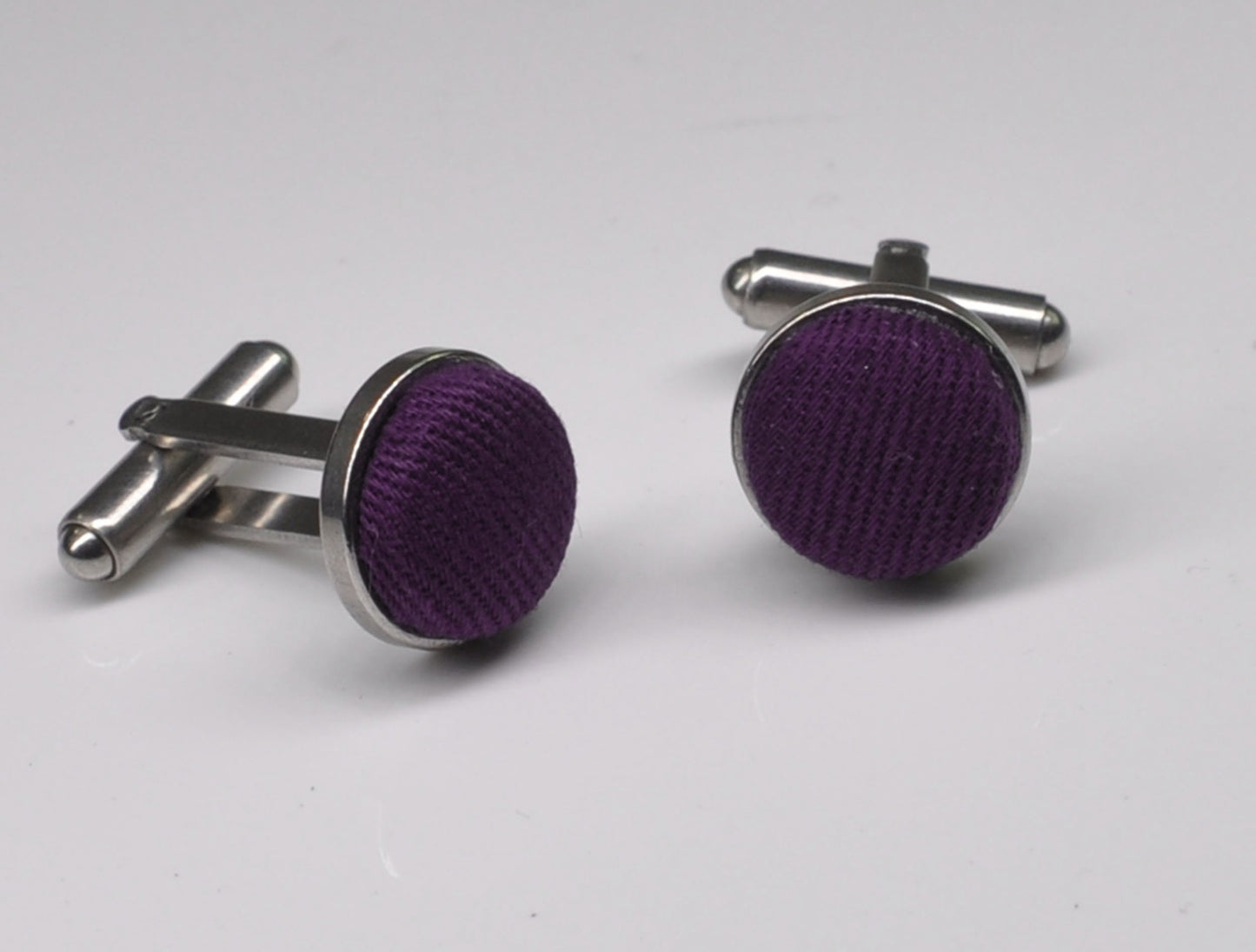 Eggplant Purple Dark Violet Purple Cotton Fabric Silver Cufflinks Cuff Links