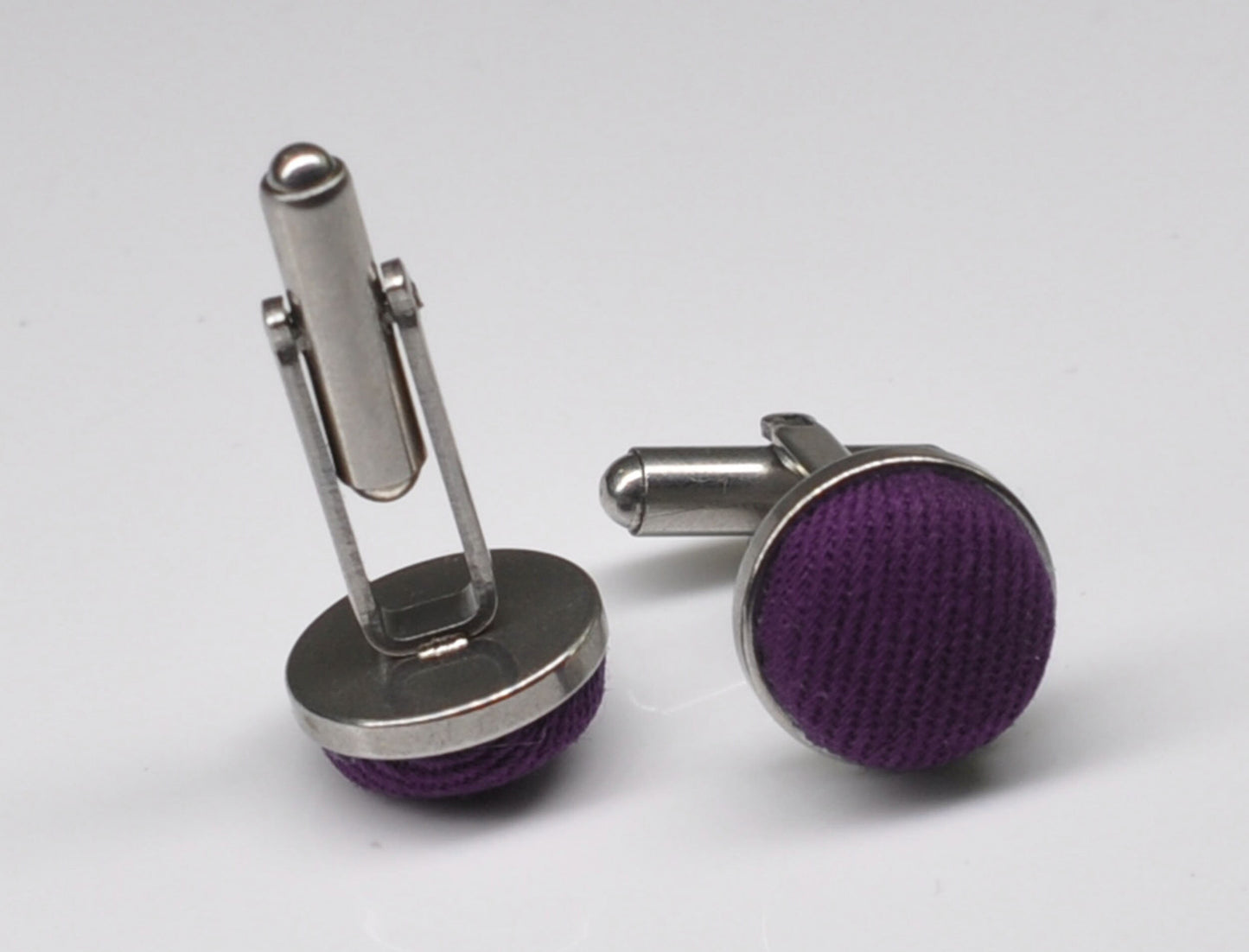 Eggplant Purple Dark Violet Purple Cotton Fabric Silver Cufflinks Cuff Links