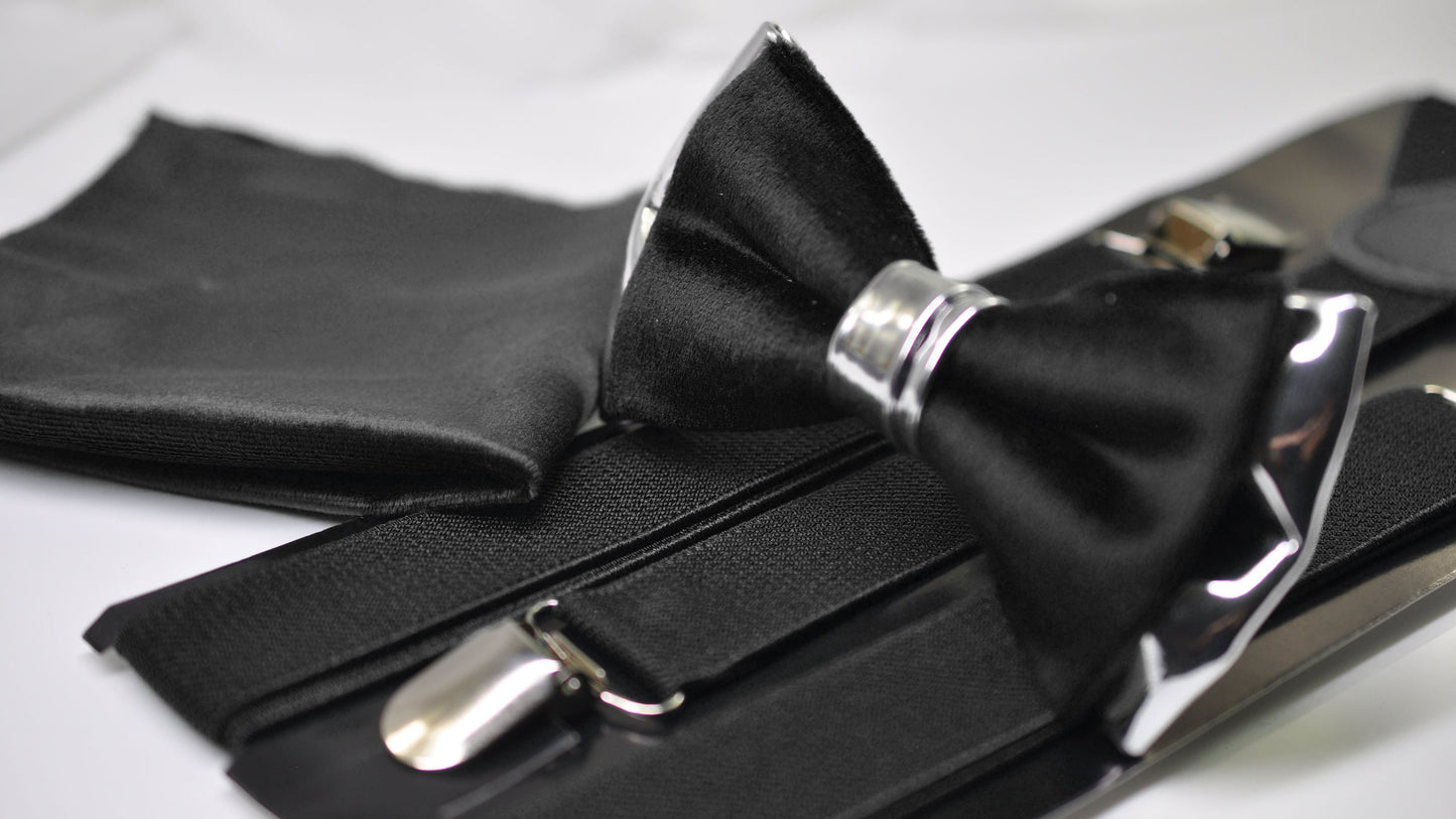 Black Velvet Silver Leather Bow tie + Suspenders Braces + Pocket Square Handkerchief for Men / Youth / Boys Kids / Baby Infant