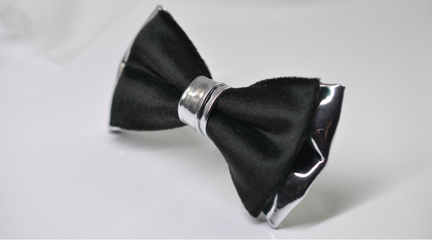 Black Velvet Silver Leather Bow tie + Suspenders Braces + Pocket Square Handkerchief for Men / Youth / Boys Kids / Baby Infant