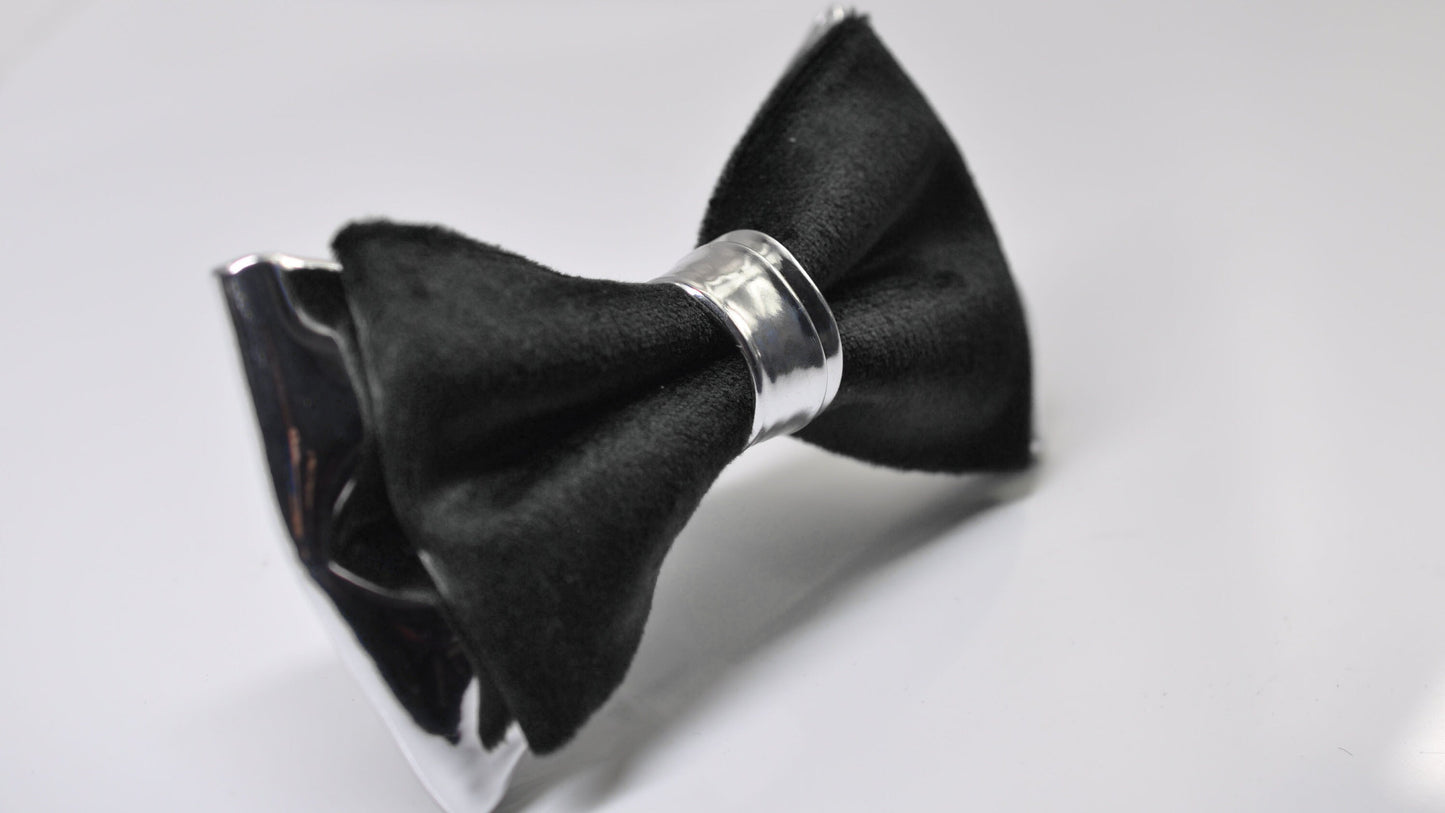 Black Velvet Silver Leather Bow tie + Suspenders Braces + Pocket Square Handkerchief for Men / Youth / Boys Kids / Baby Infant