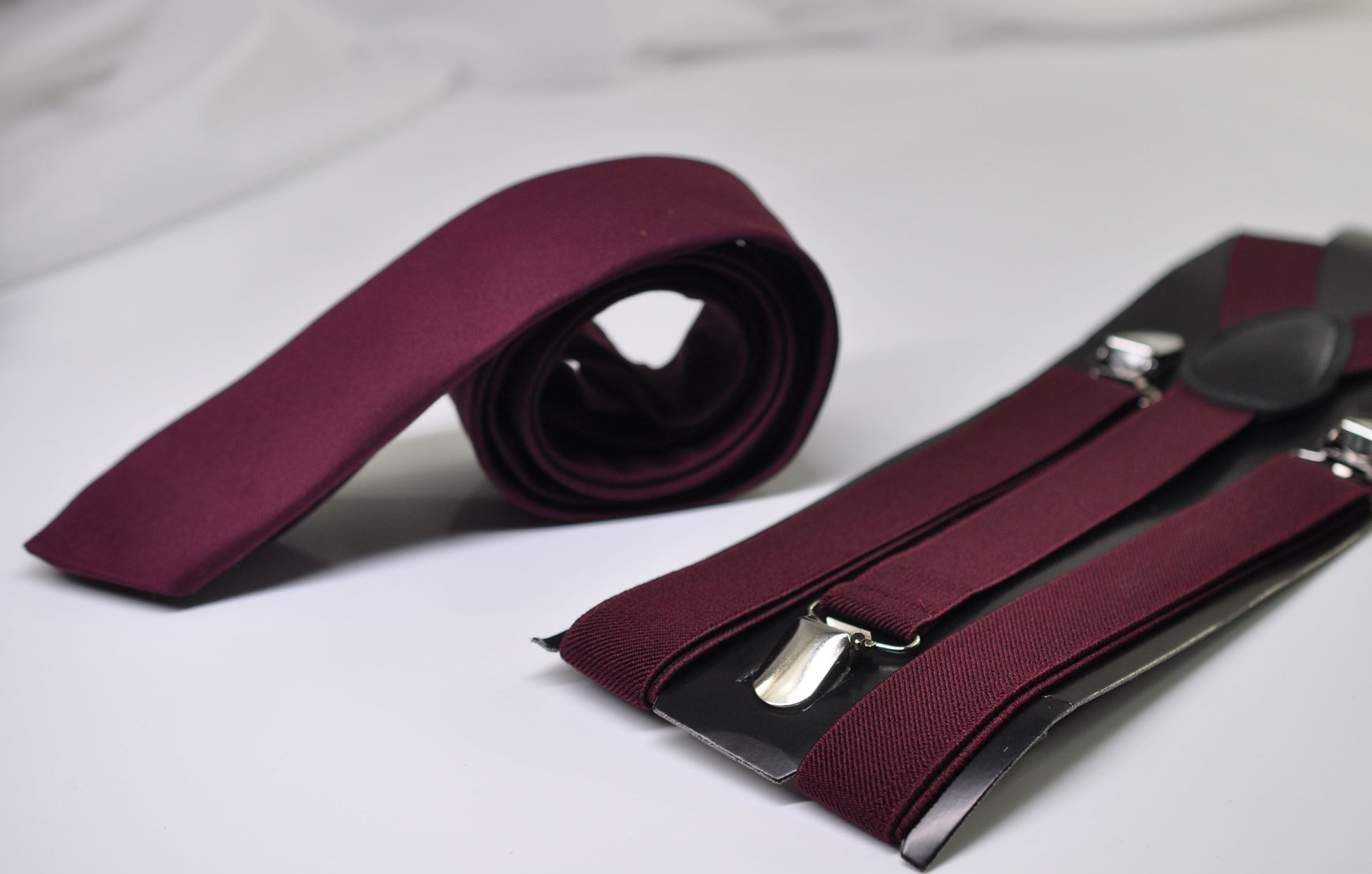 Men Women Unisex Burgundy Wine Red Skinny Neck tie Necktie + Elastic Braces Suspenders