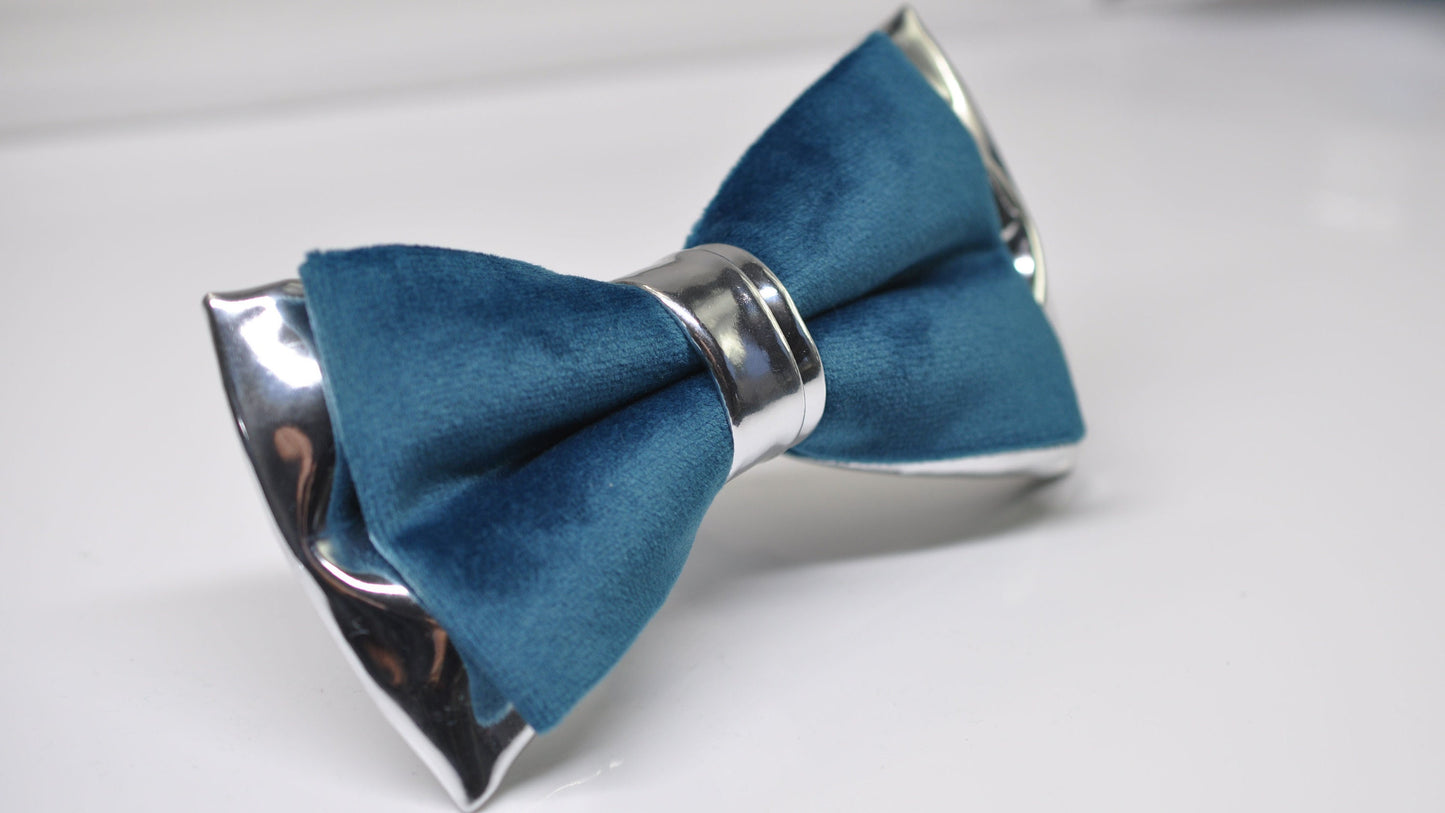 Teal blue Velvet Silver Faux Leather Bow tie + Teal blue Elastic Suspenders Braces Men / Youth / Boys Kids / Baby Infant Toddler