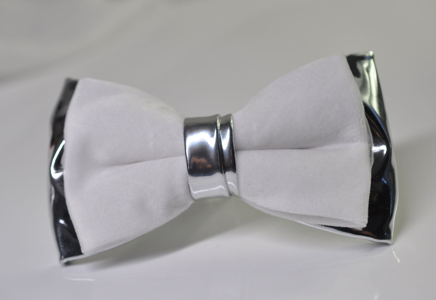White Velvet + Silver Grey Gray Faux Leather 2 Layers Bow tie Bowtie for Men Adult / Youth Teenage / Boy Kids / Baby Infant Toddler