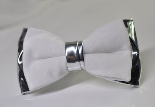 White Velvet + Silver Grey Gray Faux Leather 2 Layers Bow tie Bowtie for Men Adult / Youth Teenage / Boy Kids / Baby Infant Toddler