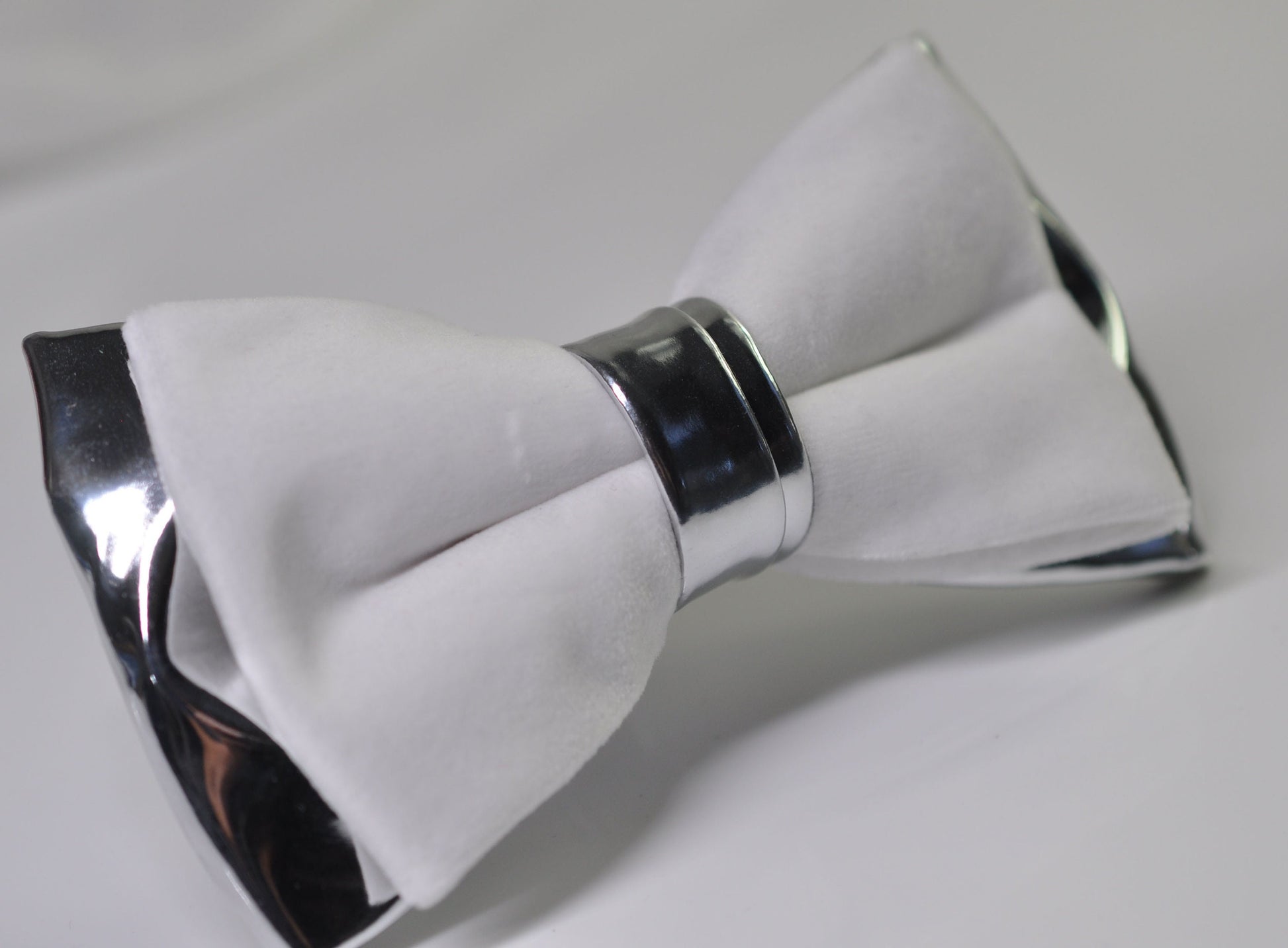 White Velvet + Silver Grey Gray Faux Leather 2 Layers Bow tie Bowtie for Men Adult / Youth Teenage / Boy Kids / Baby Infant Toddler