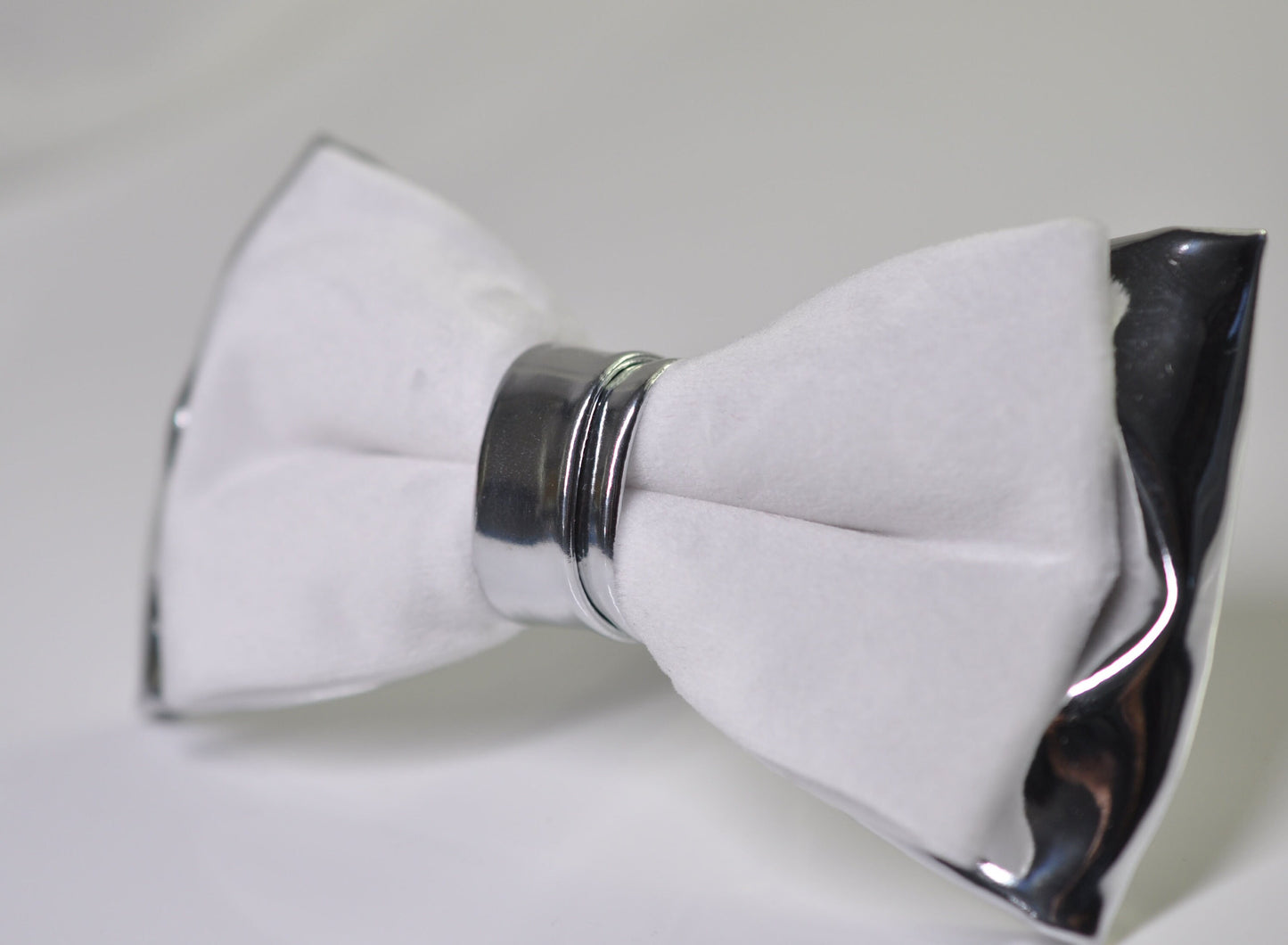White Velvet + Silver Grey Gray Faux Leather 2 Layers Bow tie Bowtie for Men Adult / Youth Teenage / Boy Kids / Baby Infant Toddler
