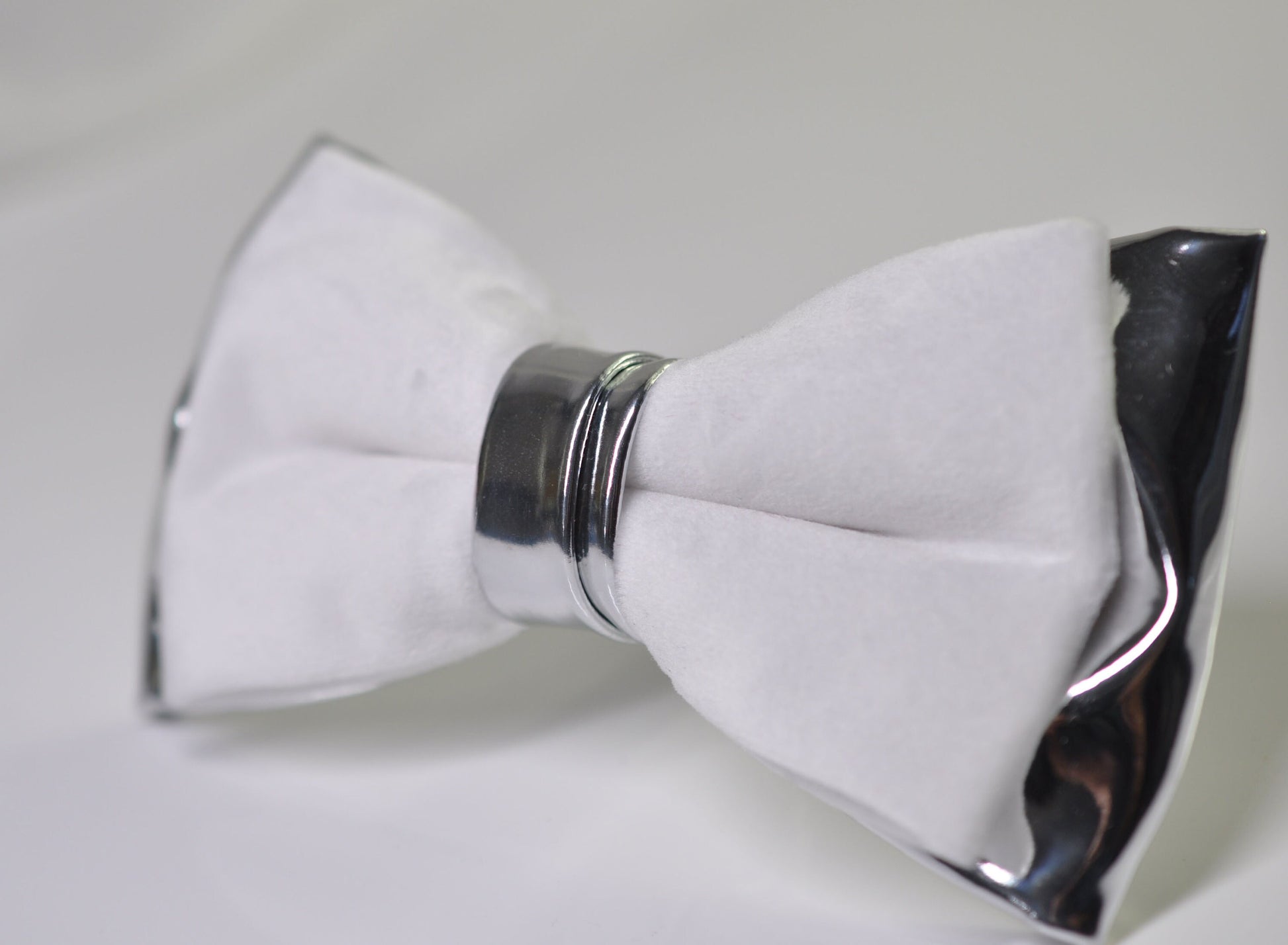 White Velvet + Silver Grey Gray Faux Leather 2 Layers Bow tie Bowtie for Men Adult / Youth Teenage / Boy Kids / Baby Infant Toddler