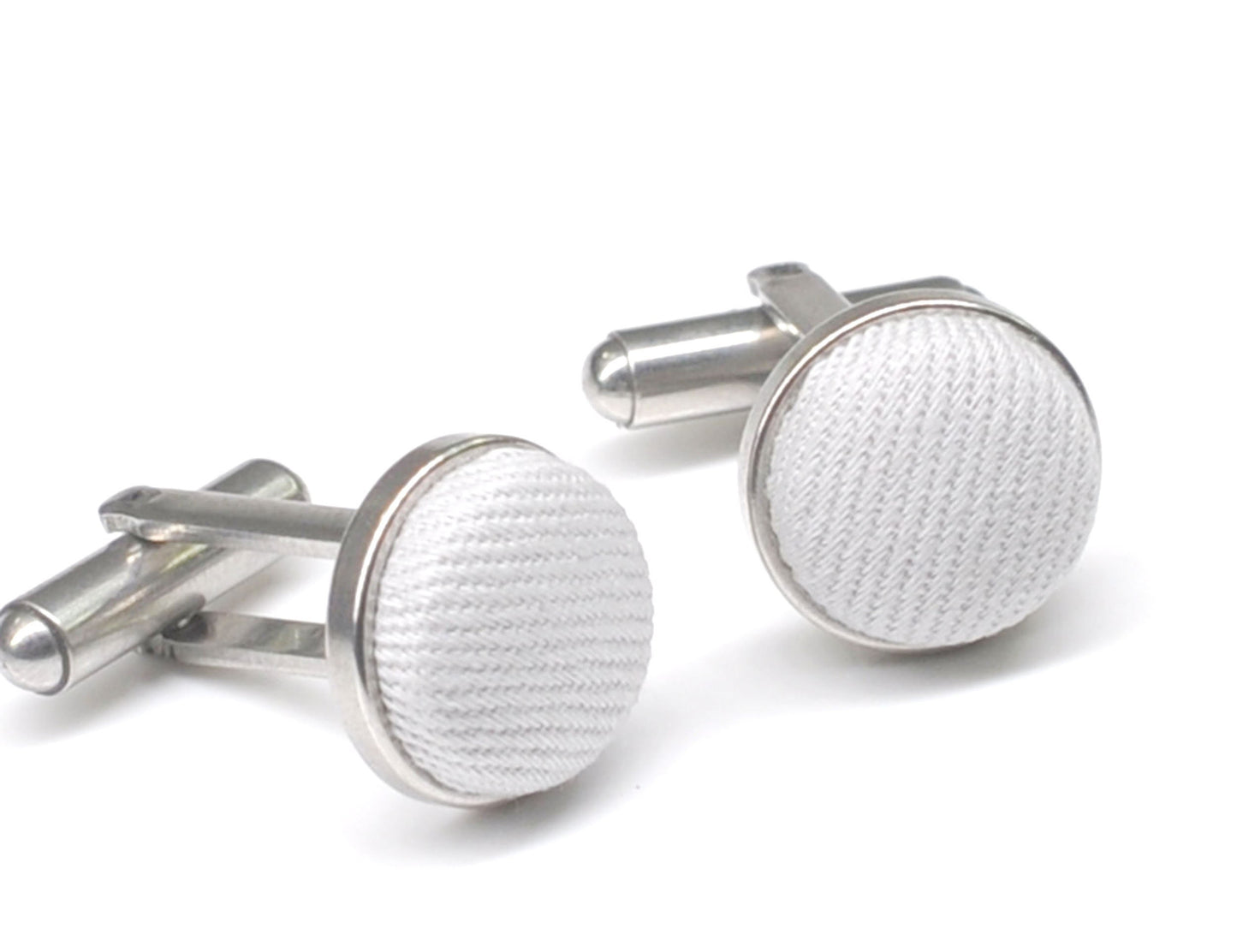 White Cotton Fabric Silver Cufflinks Cuff Links