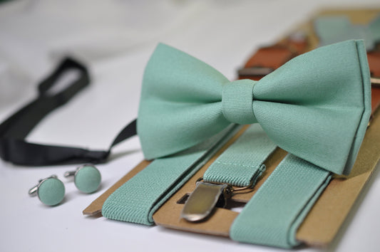 Sage Green Cotton Bow tie Bowtie + Elastic Suspenders Braces + Cufflinks Cuff links for Men / Youth Teenage/ Boys Kids / Baby Infant Toddler