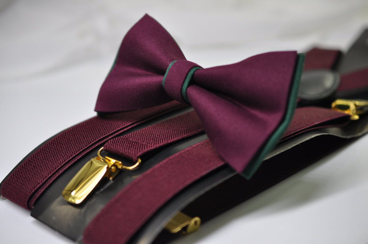 Emerald Green and Burgundy Dark Wine Red Bow tie Bowtie + Wine Red Suspenders Braces Men / Youth / Boys Kids / Baby Infant Toddler