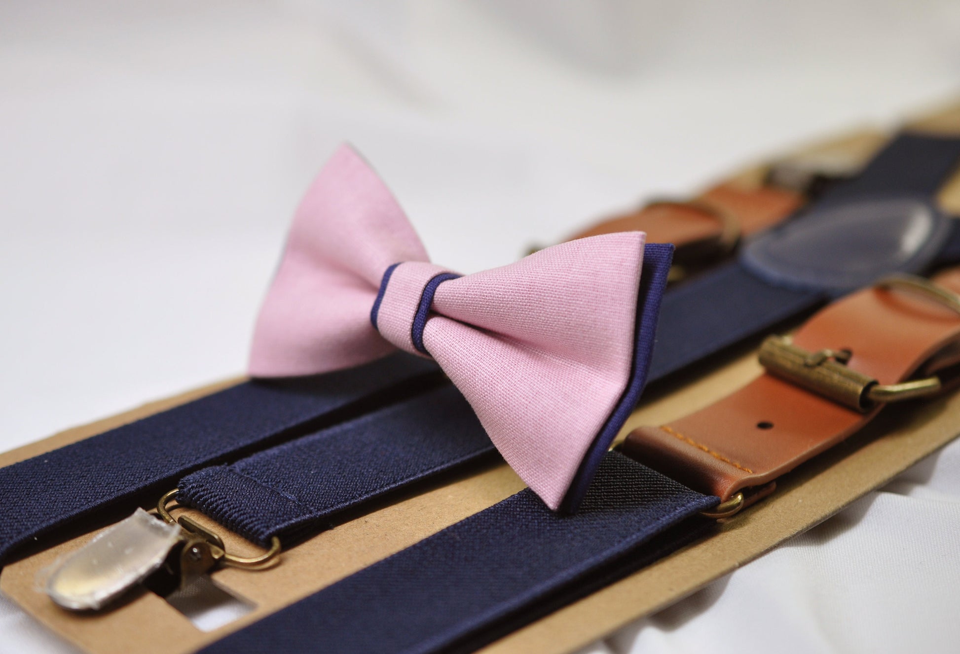 Navy Blue Dusty Pink Musk Pre tied Bow tie Bowtie + Navy Blue Elastic Suspenders Braces for Men / Youth / Boys Kids / Baby Infant Toddler