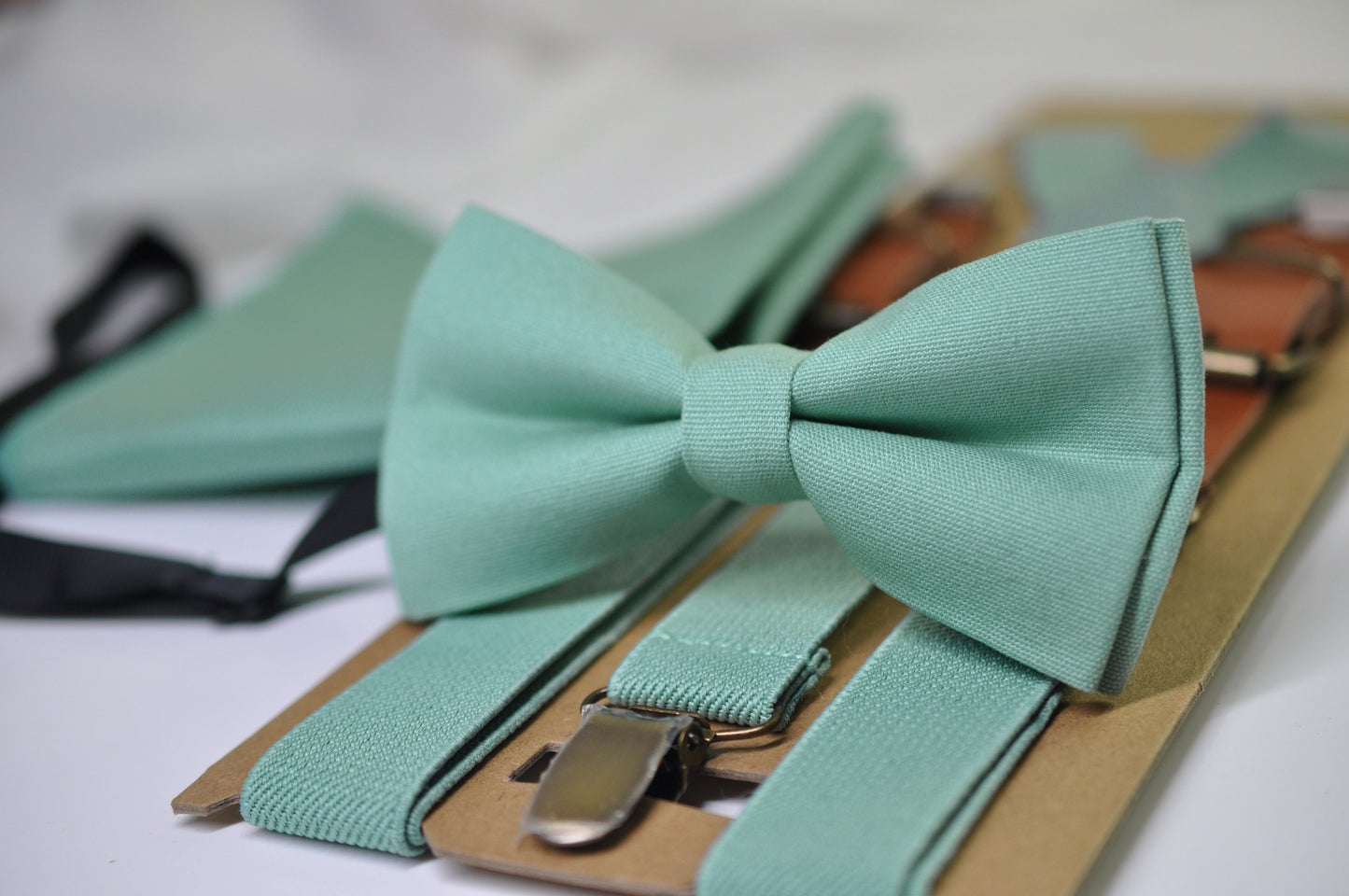 Sage Green Cotton Bow tie Bowtie + Matched Elastic Suspenders Braces for Men / Youth Teenage/ Boys Kids / Baby Infant Toddler