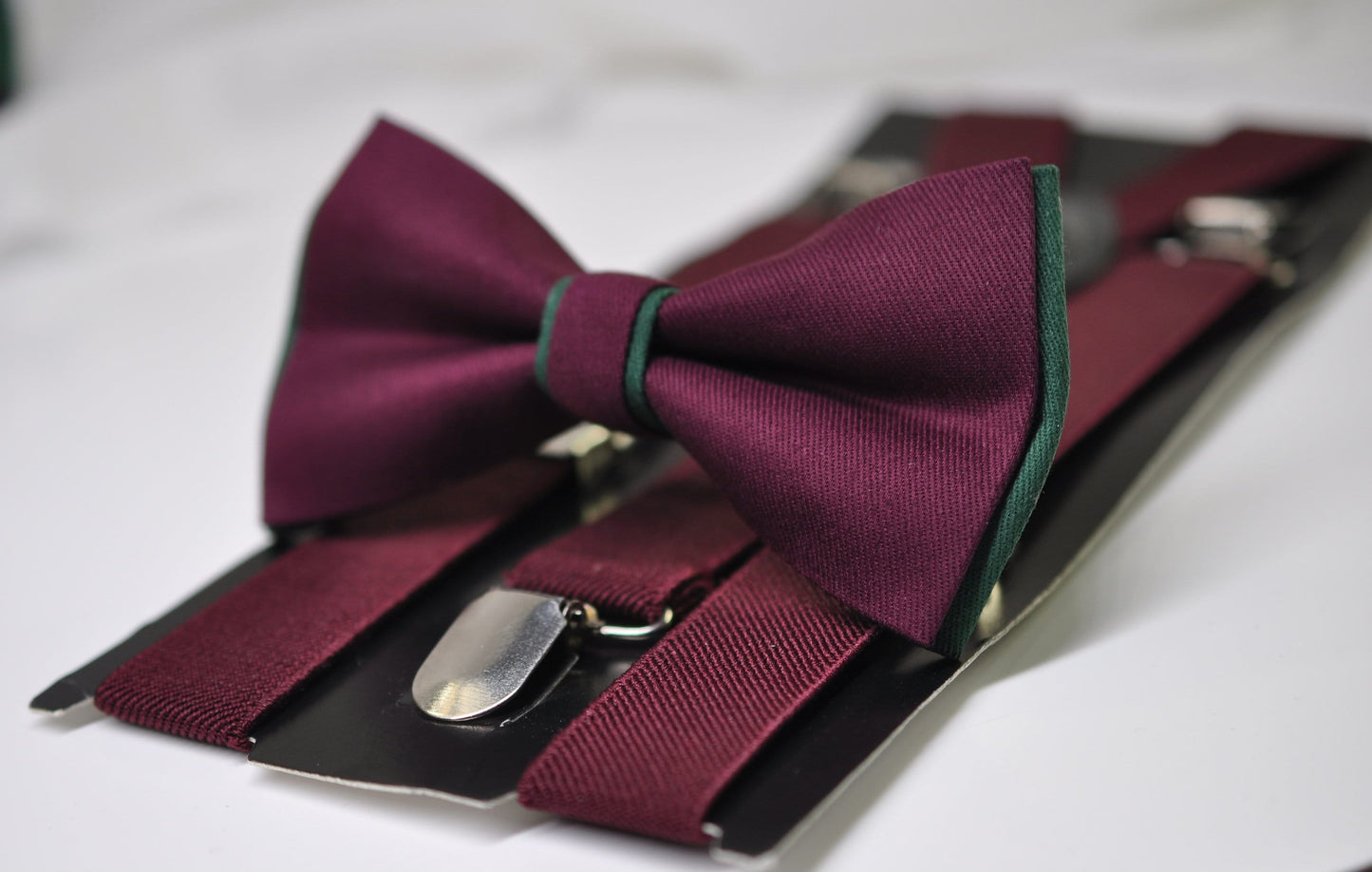Emerald Green and Burgundy Dark Wine Red Bow tie Bowtie + Wine Red Suspenders Braces Men / Youth / Boys Kids / Baby Infant Toddler