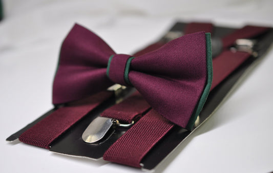 Emerald Green and Burgundy Dark Wine Red Bow tie Bowtie + Wine Red Suspenders Braces Men / Youth / Boys Kids / Baby Infant Toddler