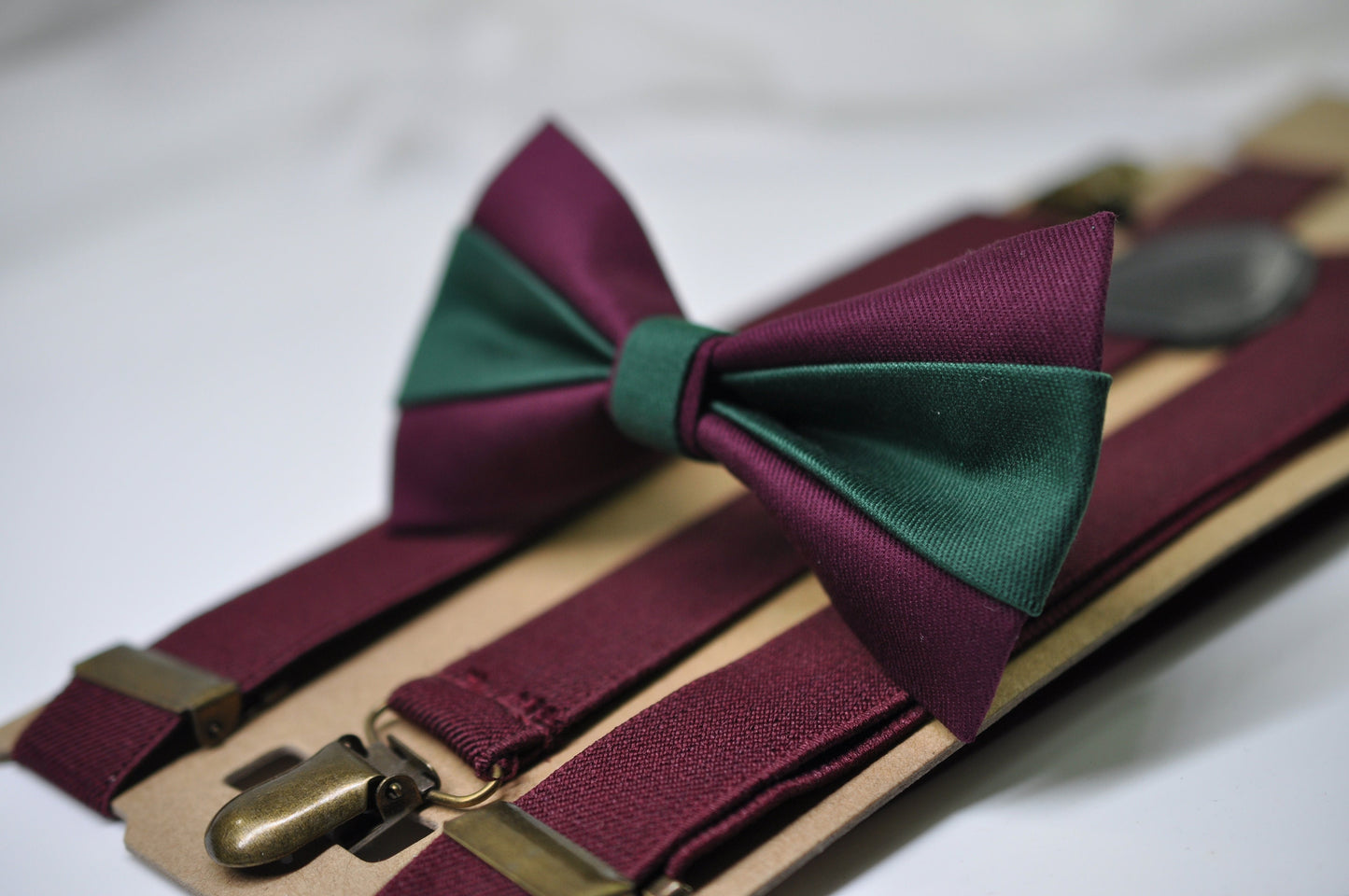 Emerald Green and Burgundy Dark Wine Red Bow tie Bowtie + Wine Red Suspenders Braces Men / Youth / Boys Kids / Baby Infant Toddler