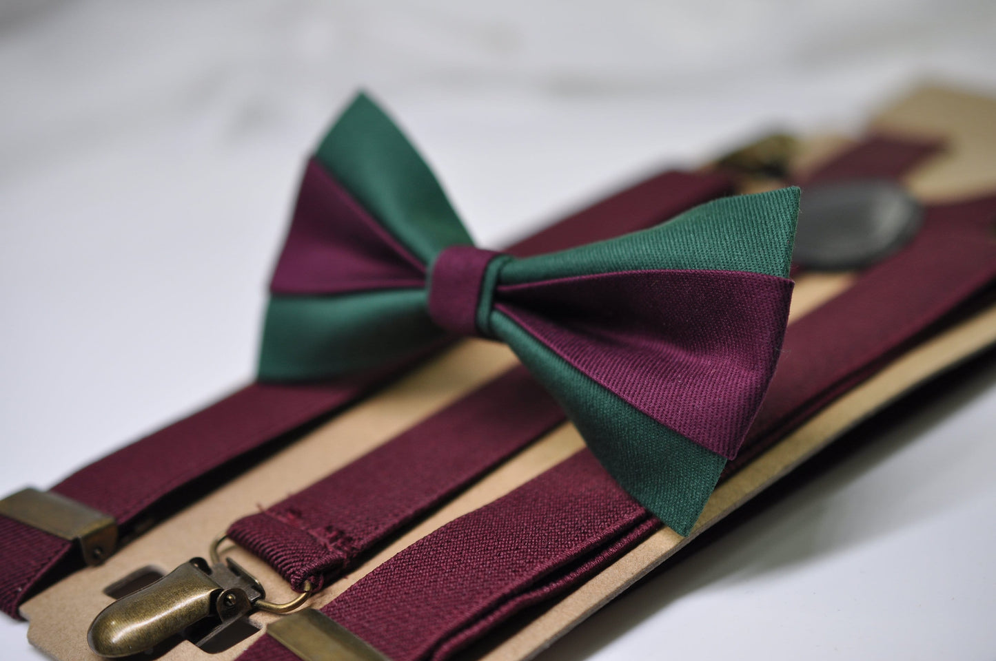 Emerald Green and Burgundy Dark Wine Red Bow tie Bowtie + Wine Red Suspenders Braces Men / Youth / Boys Kids / Baby Infant Toddler